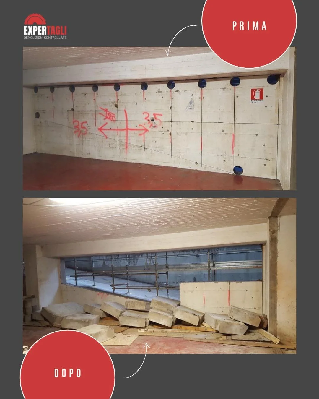 In questo cantiere a Bologna il nostro cliente aveva una necessità chiara: garantire la ventilazione richiesta dai Vigili del Fuoco.
Come abbiamo risolto?
👉 Taglio della parete sulla rampa del garage;
👉 Carotaggi nella parte superiore per e