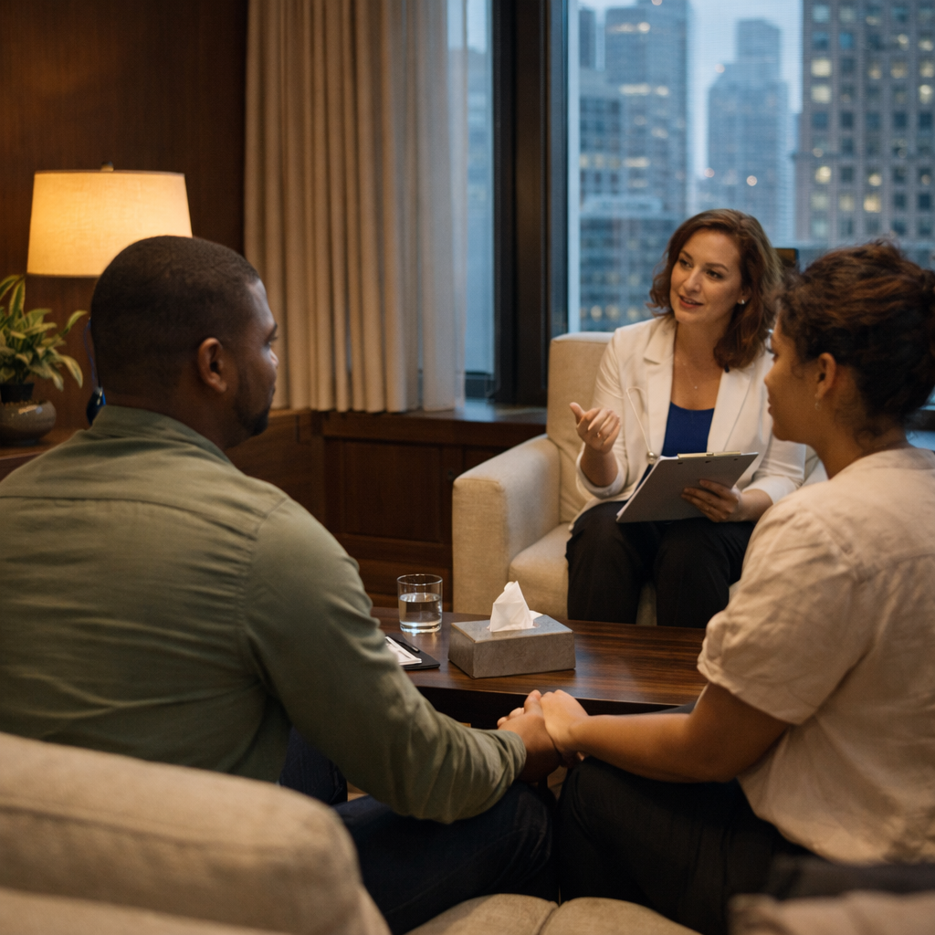 Couple in therapy session with therapist