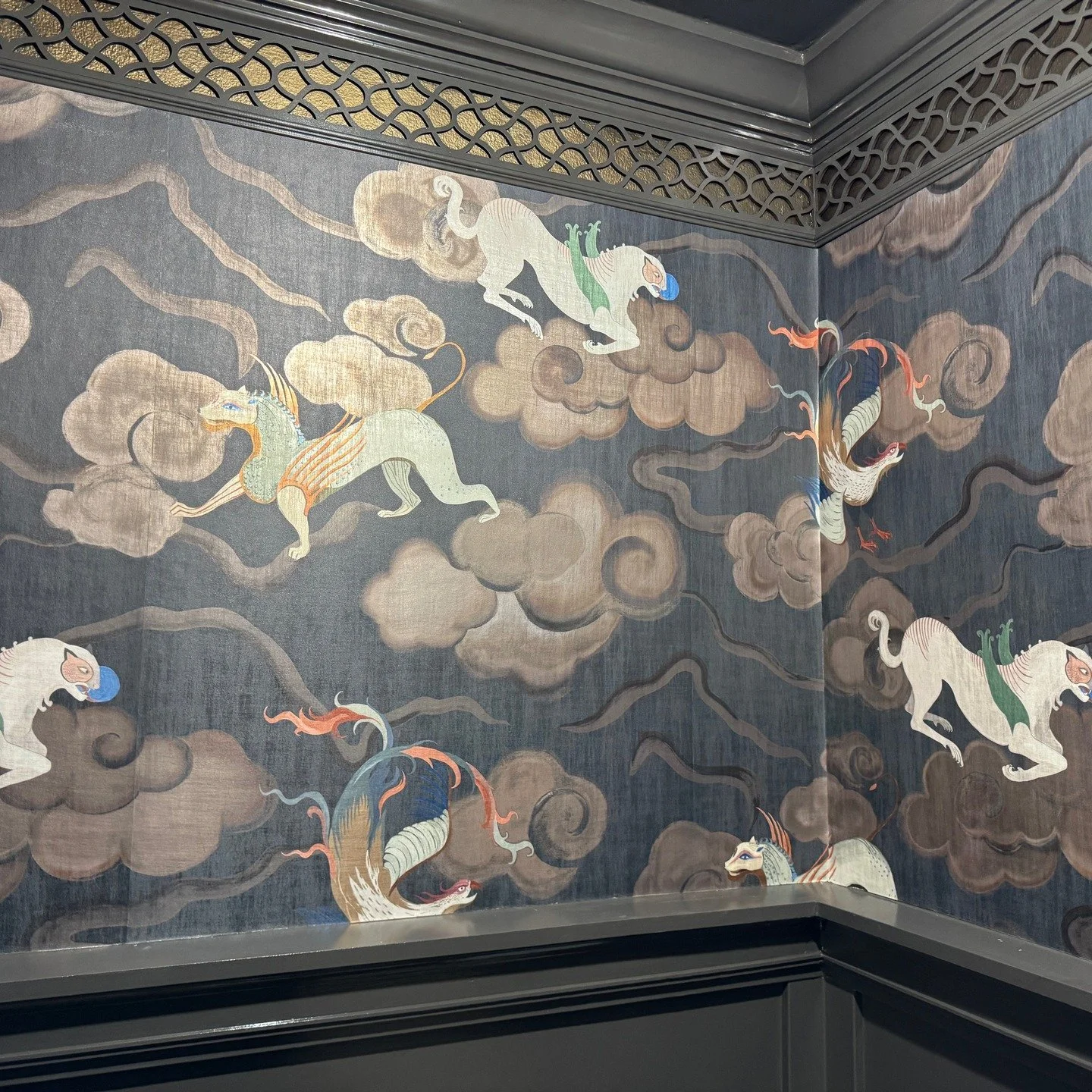 Sneak peek at my Powder Room for @showhouseindy . Thanks to @naomi.furniture.design for the fretwork (and much more) and @blackedition_byromo for the wallcovering. Come visit the house starting April 23rd to see the finished room!