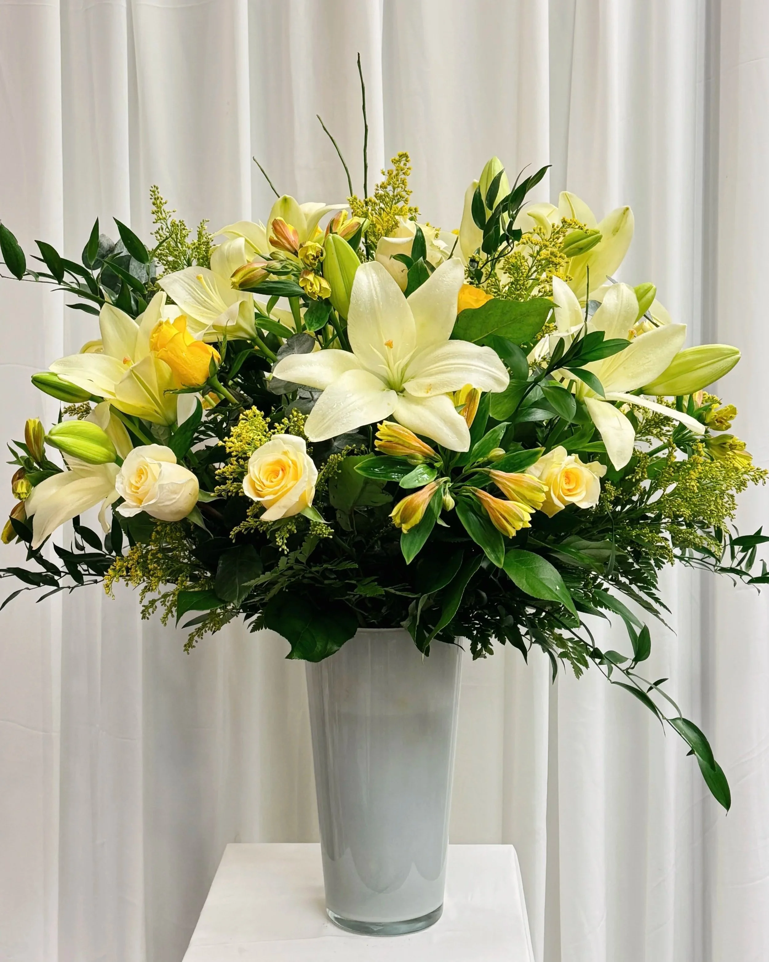 Yellow Lily & White Rose Arrangement