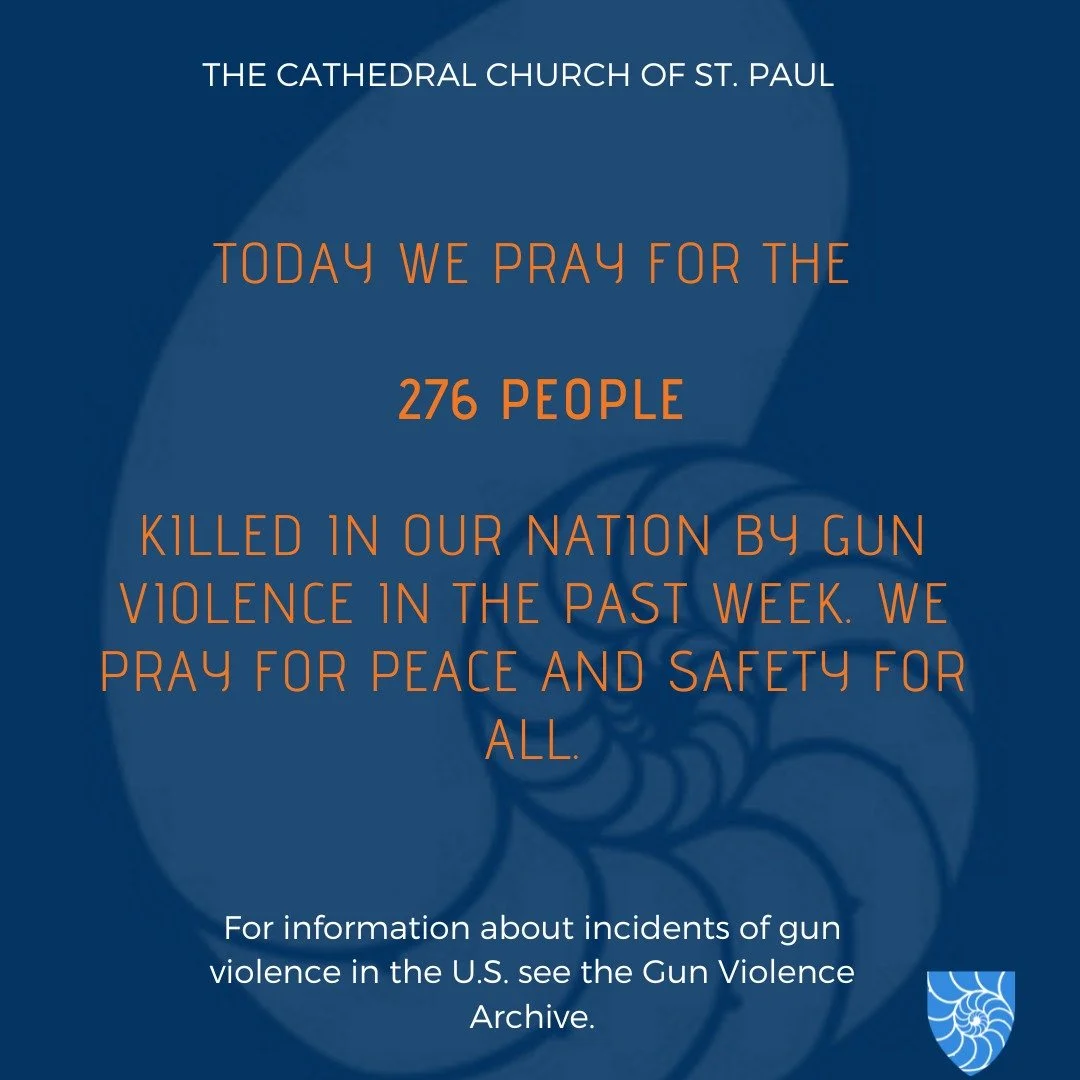 We pray for the 276 people killed in our nation by gun violence in the past week. We pray for peace and safety for the people of our nation and of all nations.

#stpaulscathedral #cathedral #cathedralofboston #TheCathedralChurchofStPaul #houseofpraye