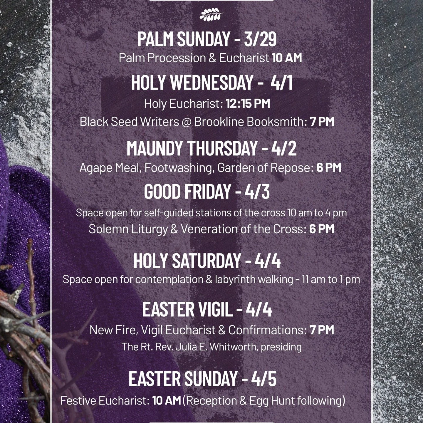Holy Week is just around the corner! We hope you'll join us throughout the week; here's what happening at the Cathedral:

March 29th Palm Sunday: Liturgy of the Palms with Holy Eucharist, 10 am

April 1st Holy Wednesday: Holy Eucharist, 12:15 pm
Blac