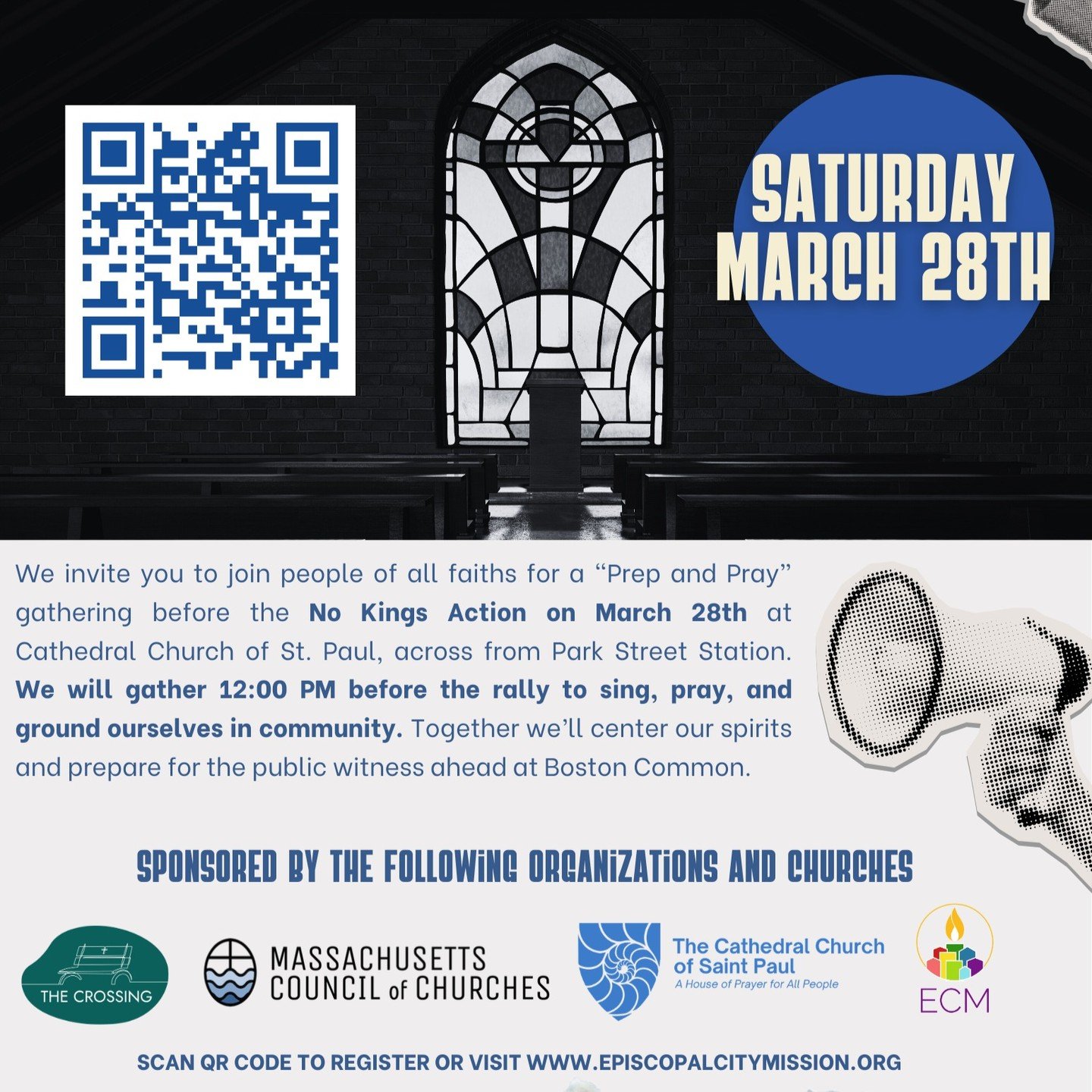 This Saturday:

We join with @thecrossingboston @ecm_boston and @masschurches to invite you to join people of all faiths for a &lsquo;Prep and Pray&rsquo; gathering before the No Kings Action on March 28th. We will gather at 12noon before the rally, 