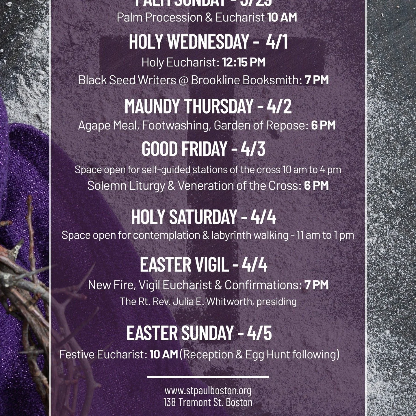 We're well on our way through Holy Week, heading to the foot of the Cross. YOU are invited to be with us for all or part of the events in the days ahead:

TODAY, April 1st Holy Wednesday: Holy Eucharist, 12:15 pm
Black Seed Writers reading at Brookli