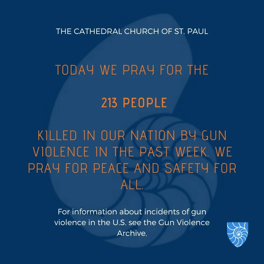 We pray for the 213 people killed in our nation by gun violence in the past week. We pray for peace and safety for the people of our nation and of all nations.

#stpaulscathedral #cathedral #cathedralofboston #TheCathedralChurchofStPaul #houseofpraye