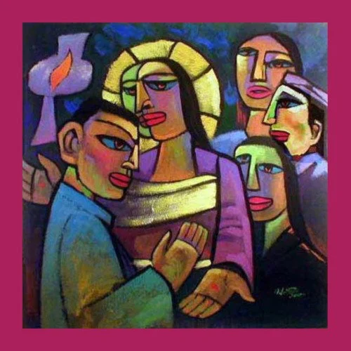 A bright, vivid, expressionist painting shows Thomas on the left, touching the wounds in the hand of Christ, who looks caringly at Thomas. To the right of the image we see three other disciples gathered.