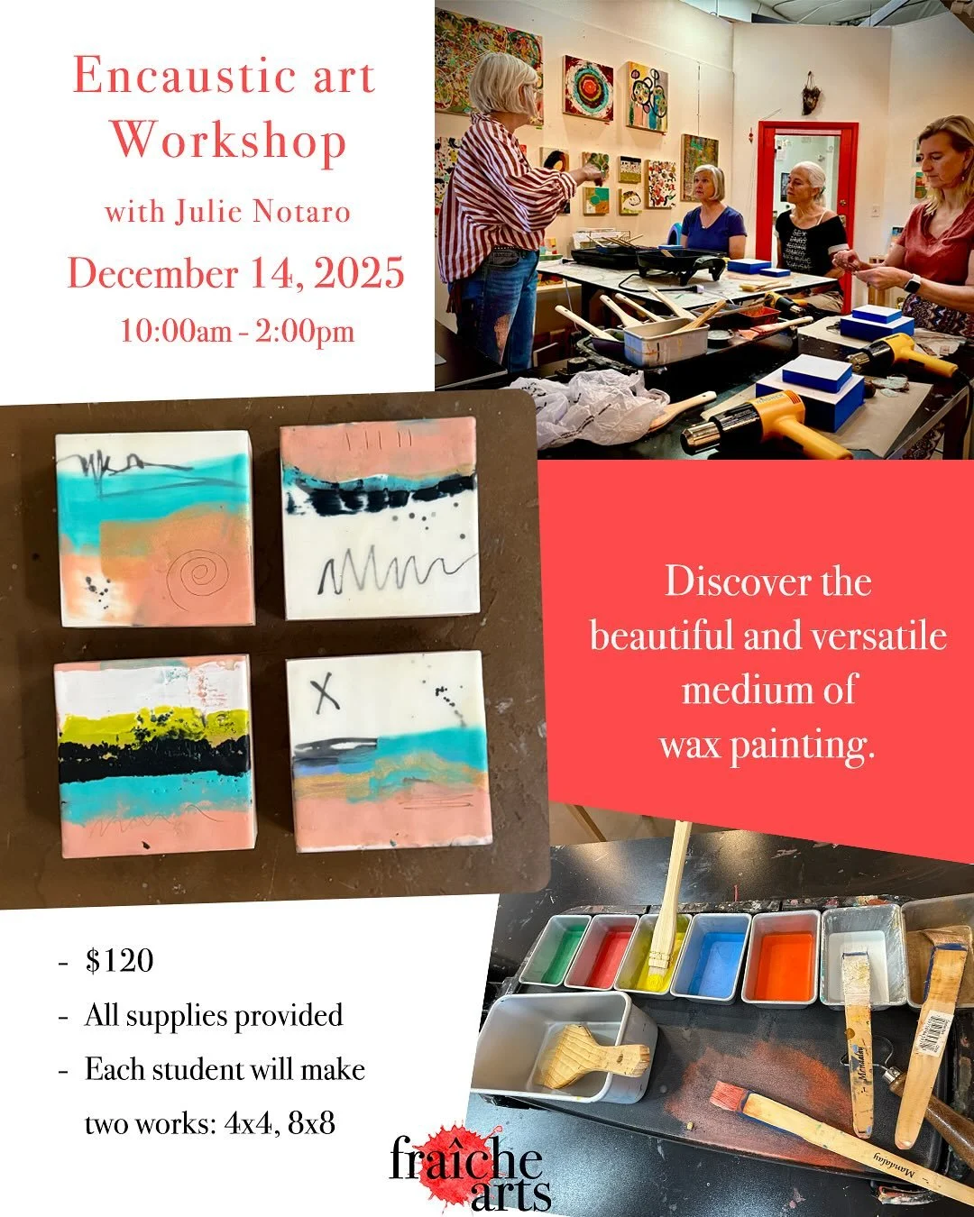Hi Folks! Excited to share my upcoming encaustic workshop at Fraiche Arts Collective on 12/14, 10am-2pm. DM @fraichearts if you want to sign up.
Details below! 
👇 Explore the luminous world of encaustic painting &mdash; where wax, pigment, and heat 