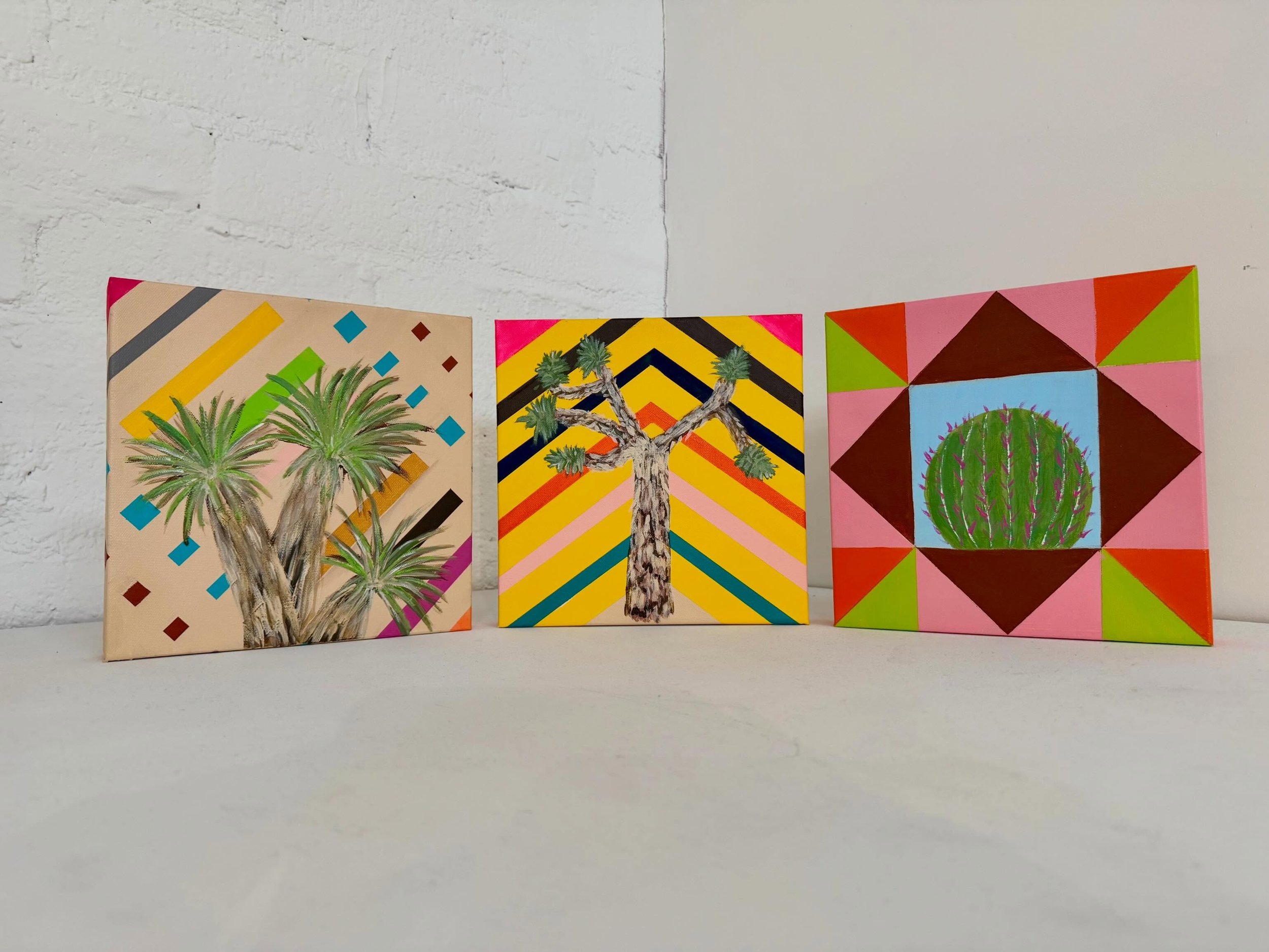 I&rsquo;m in love with the flora around Las Vegas🤩 yesterday I started on a red barrel cactus to add to my desert geo-flora collection. I think I&rsquo;ll add more spines today. 
10x10 acrylic works on canvas #artwork #desertflora #geometricart #art