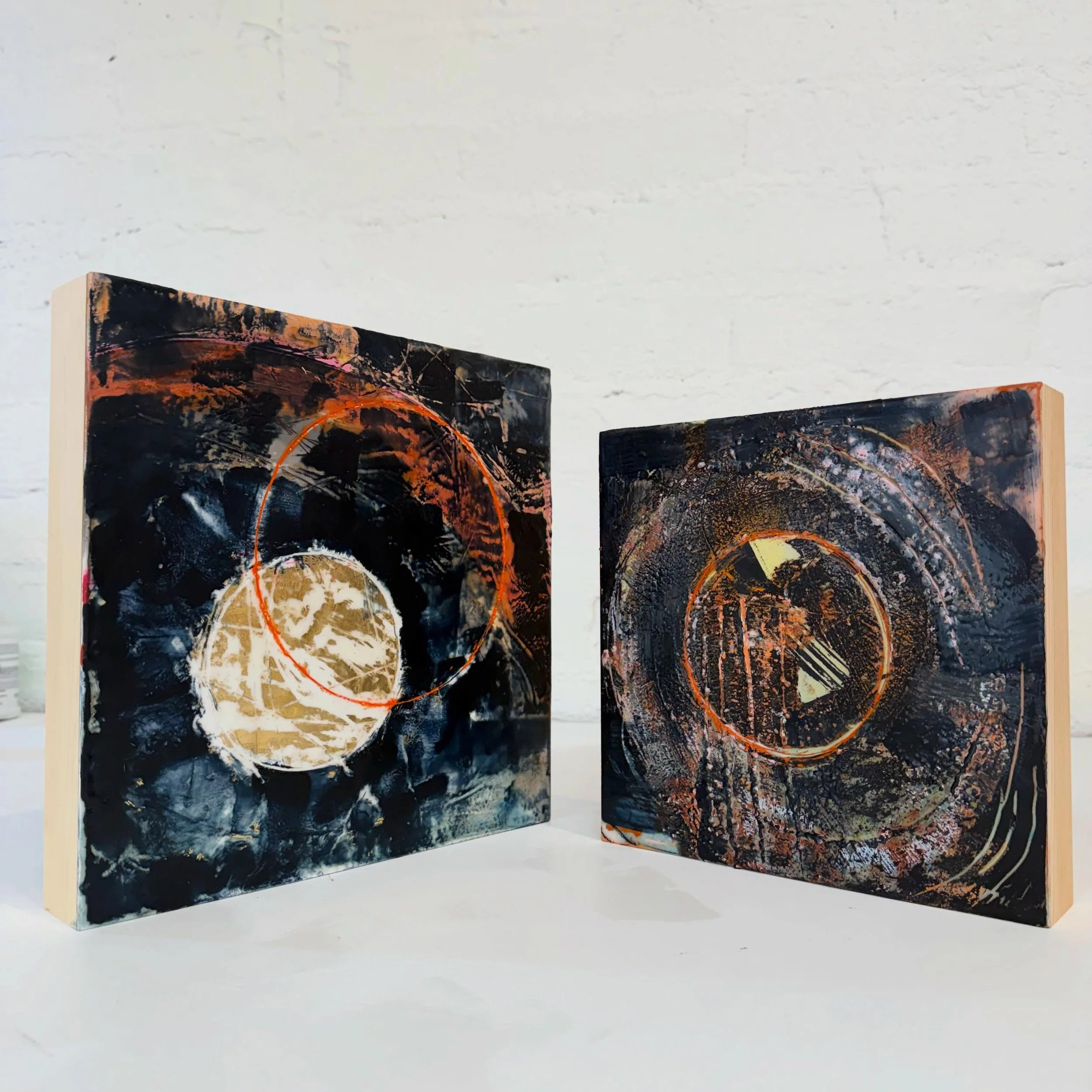 Two new works for my portal series. The first one is called &ldquo;You eclipse my world&rdquo; and the second one is &ldquo;Pieces of me&rdquo;. Both are encaustic multi media works #abstractart #encausticart #artstudio