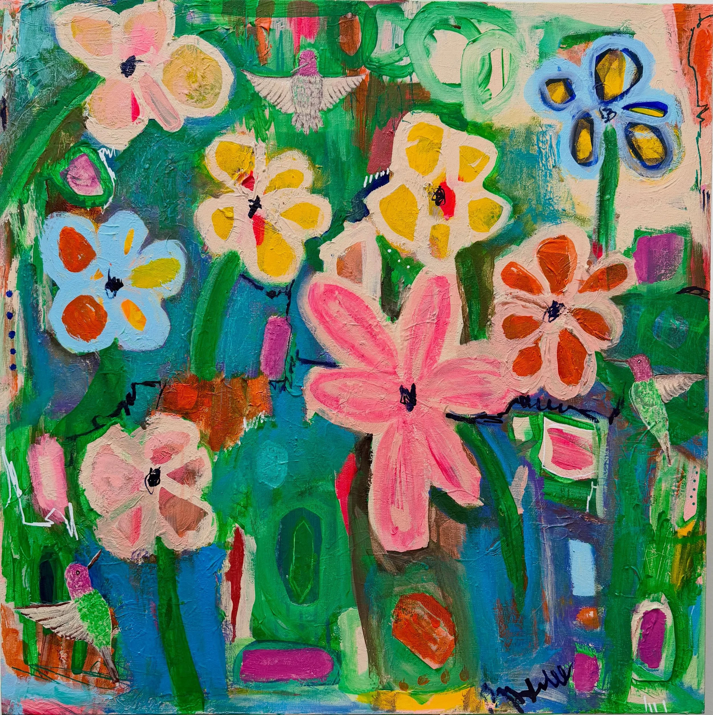Summer garden has 3 hummingbirds now. Can you find them? They move so fast 😄#artwork #artstudio #flowers #hummingbird #summer