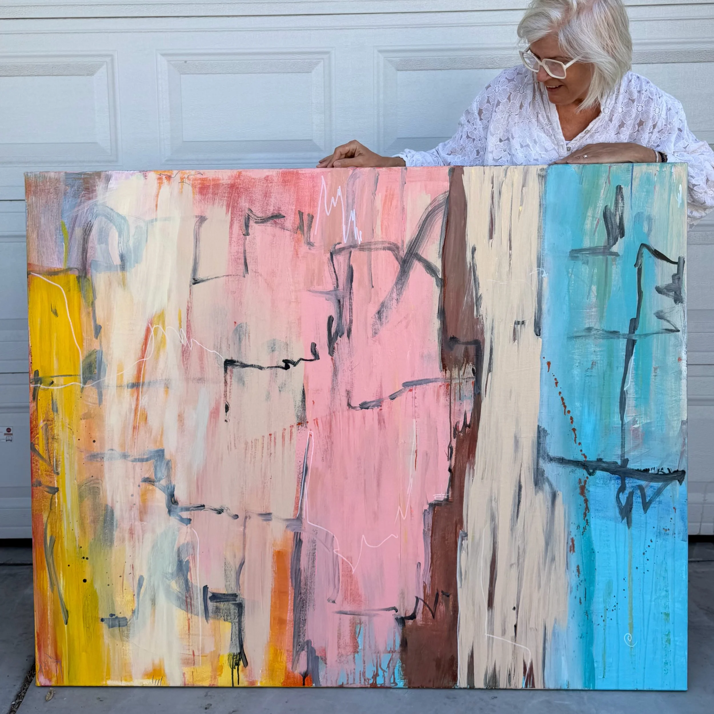 Thrilled to deliver this artwork, Chromatic Divide, to its forever home today!  Thanks to these wonderful art collectors who support local arts! #artsold #abstractart #artpatron #lasvegasartist #julienotaroart