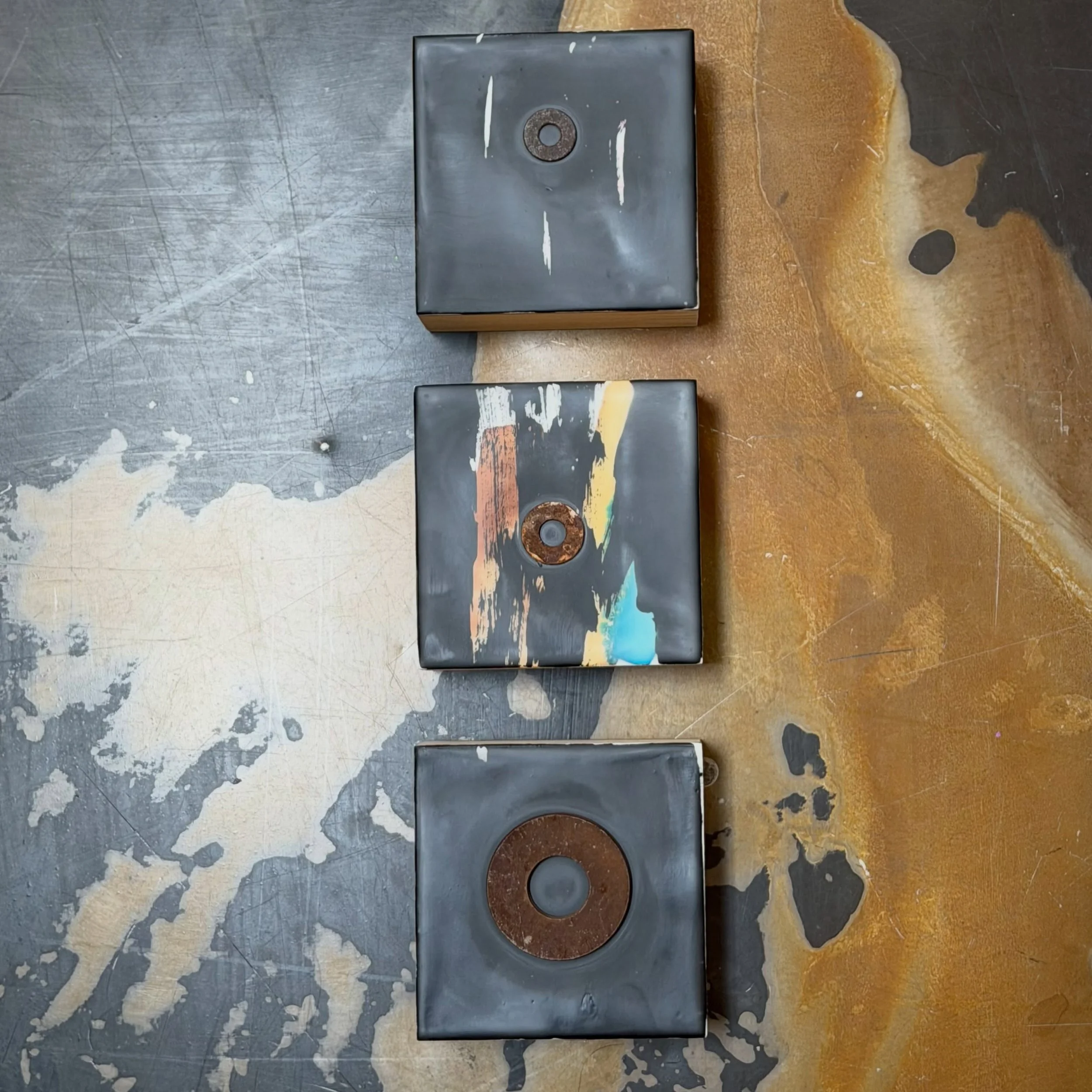 New 4x4 trio - encaustic, ink and found objects #artwork #encausticart #abstractart