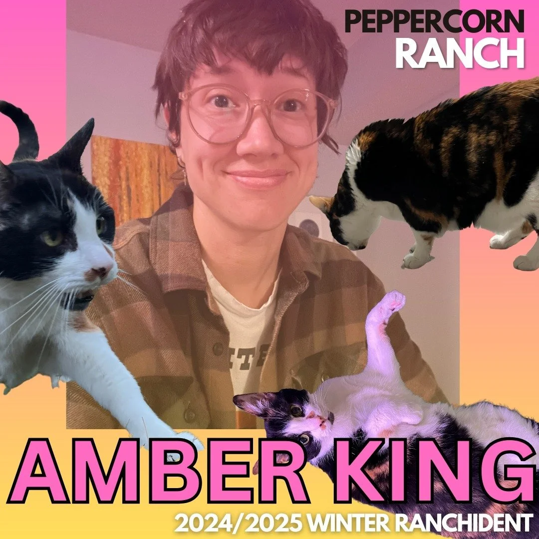 Meet our newest 2024/2025 Winter Ranchident, Amber King! 

Amber (they/them) are excited to join the Ranchidency adventures in chainsawing and printmaking. They also will be sinking into meditative mending and painting a wooden lioness, a symbol of d