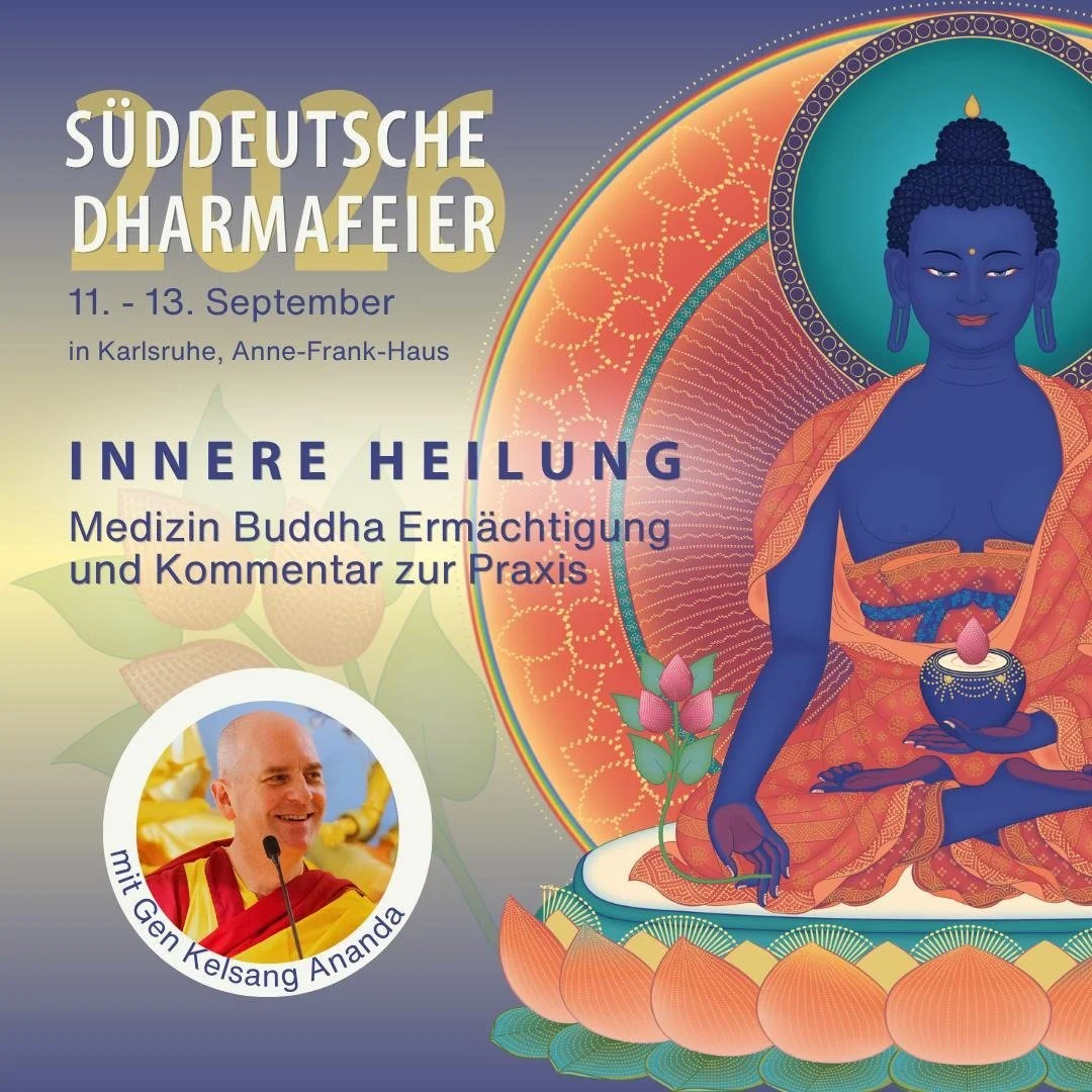 Vom 11. - 13. Sept. findet die S&uuml;ddeutsche Dharmafeier in Karlsruhe statt. Gen Kelsang Ananda wird die Medizin Buddha Erm&auml;chtigung gew&auml;hren und einen Kommentar zur Praxis geben. Mehr Infos und die M&ouml;glichkeit zur Buchung findest d