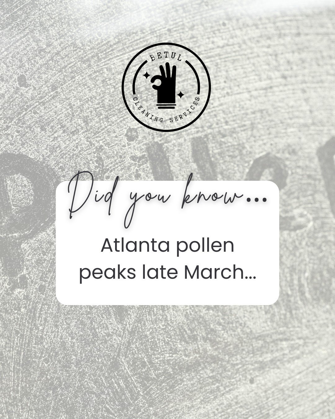 Late March is when pollen really takes over in Georgia. 
What you see outside is also making its way inside your home.

Stay ahead before it builds up everywhere.

#DidYouKnow #AtlantaAllergies #SpringCleaningATL #HealthyHome