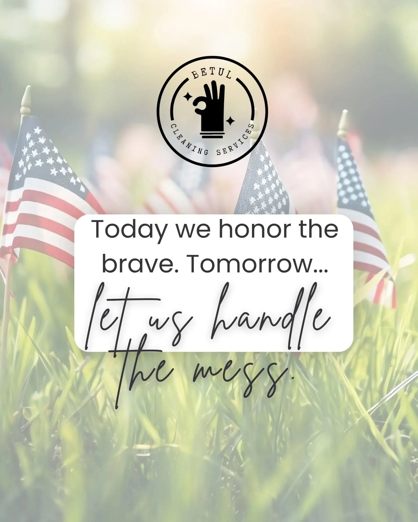 This Memorial Day, we pause to remember and honor the heroes who gave everything for our freedom. ❤️🤍💙

While you spend time with family, enjoy the BBQ, rest, and make memories, let us take care of the cleaning afterward.

Because a peaceful home a