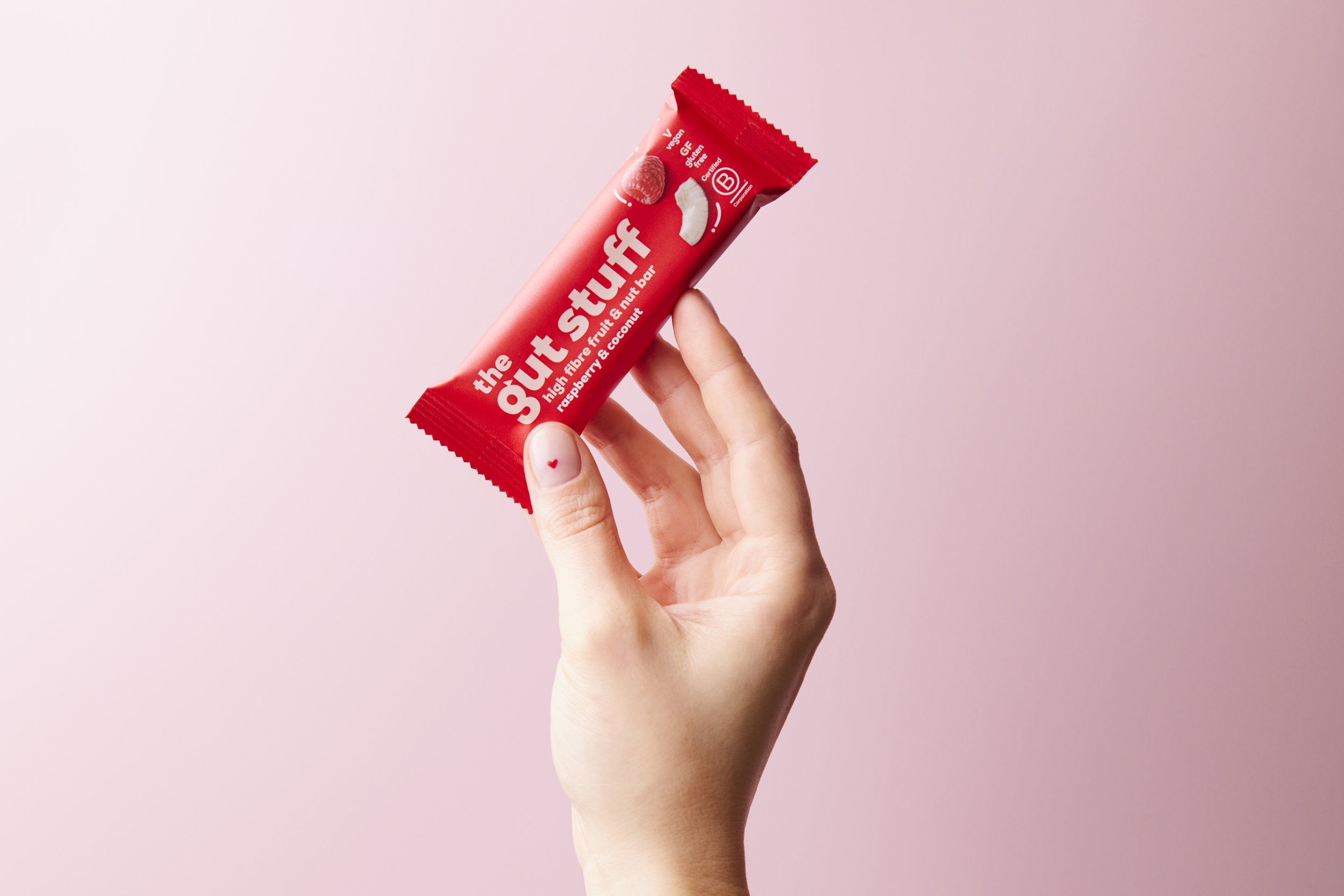 Raspberry and Coconut Gut health snack bar | Food Product Photography