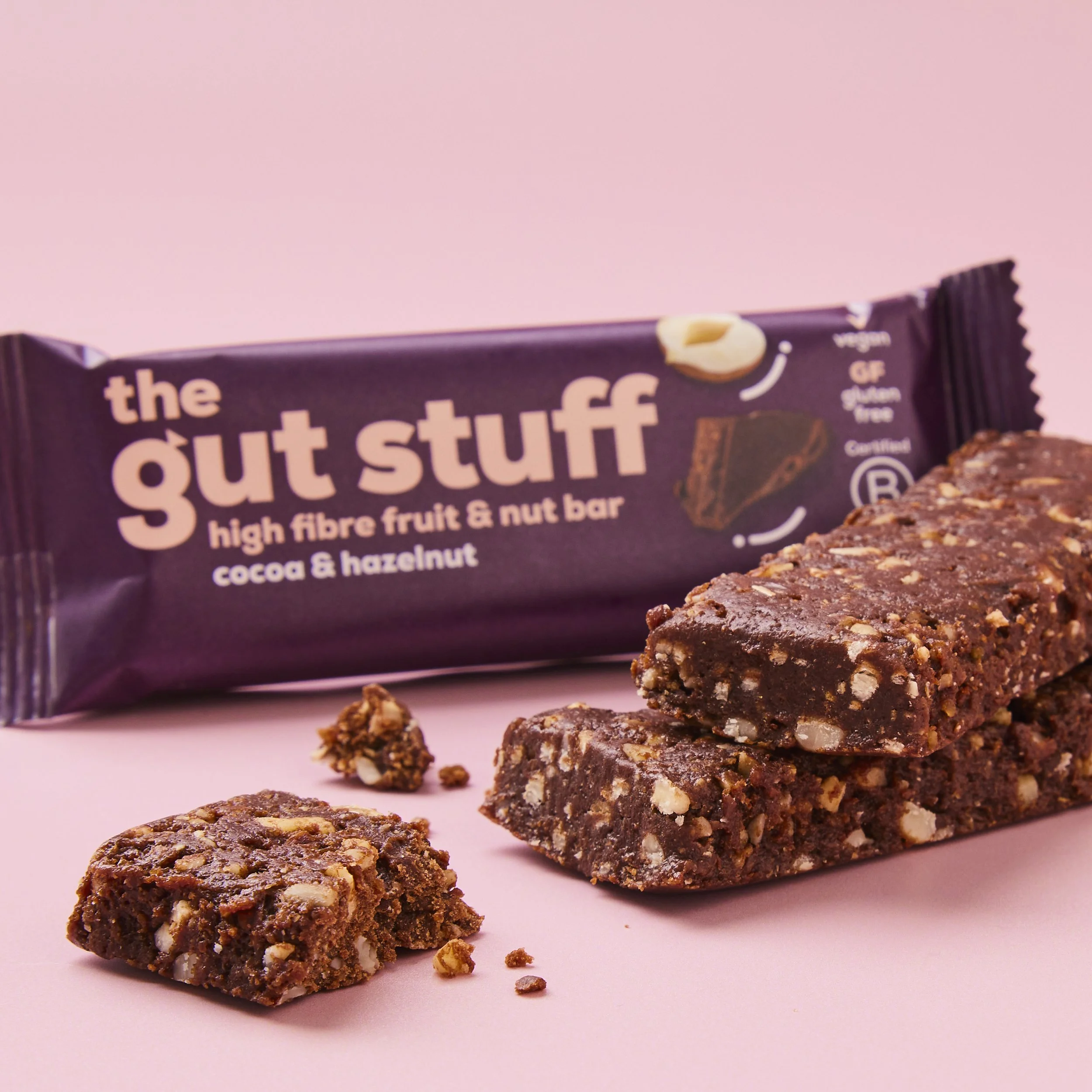 Cocoa and Hazelnut Gut health snack bar | Food Product Photography