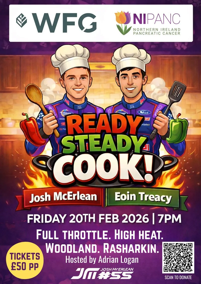 Event poster for a cooking contest featuring two male contestants dressed as chefs, each holding cooking utensils and peppers. The poster includes sponsor logos, event details, and a QR code for donations.