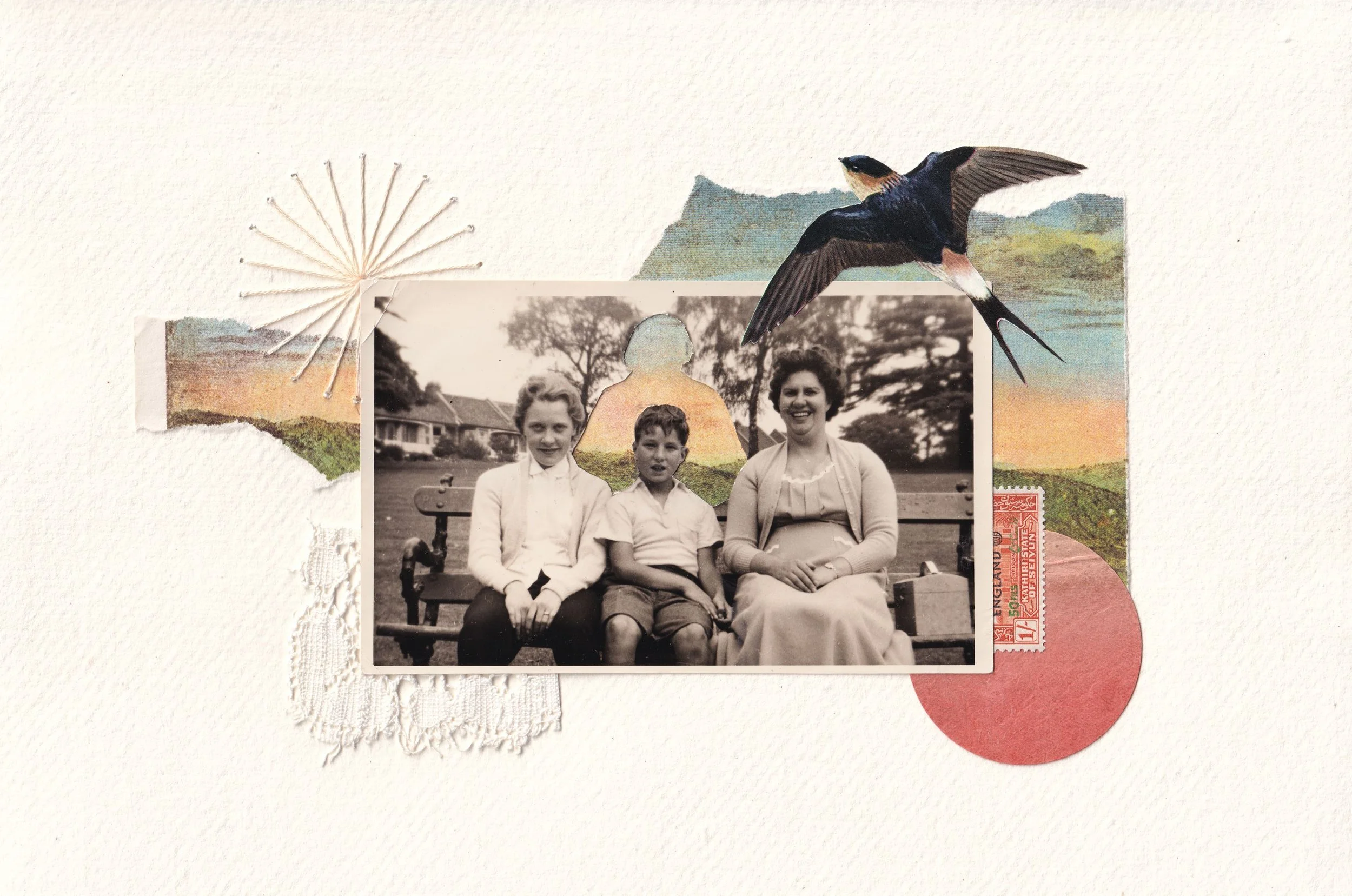 A poignant moment captured in a vintage black and white photograph. A charming hand-made collage, on A4 deckle edged handmade paper, using vintage paper, postcards, lace and ephemera, with hand embroidery