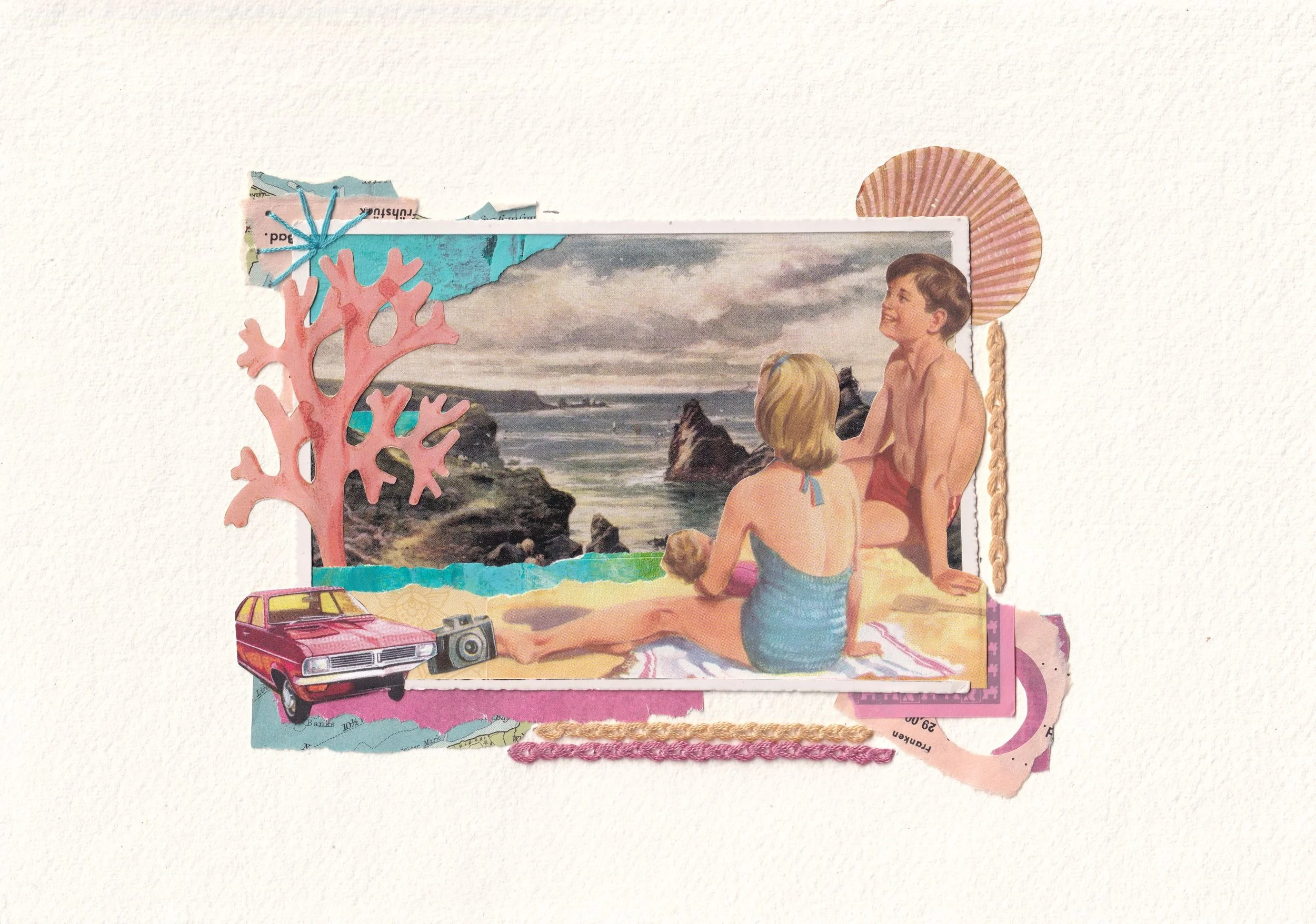 Childhood holiday nostalgia captured in a vintage postcard. A charming hand-made collage, on A4 deckle edged handmade paper, using vintage paper, postcards, lace and ephemera, with hand embroidery