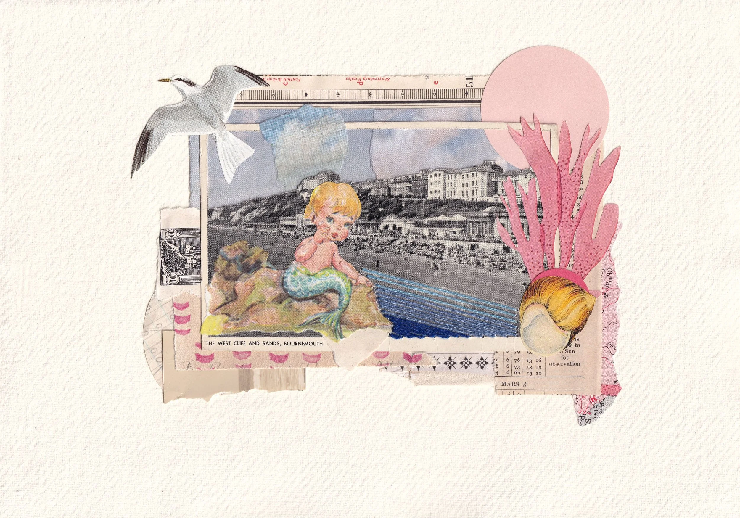 Seaside holiday nostalgia captured in a vintage black and white postcard. A charming hand-made collage, on A4 deckle edged handmade paper, using vintage paper, postcards, and ephemera, with hand embroidery