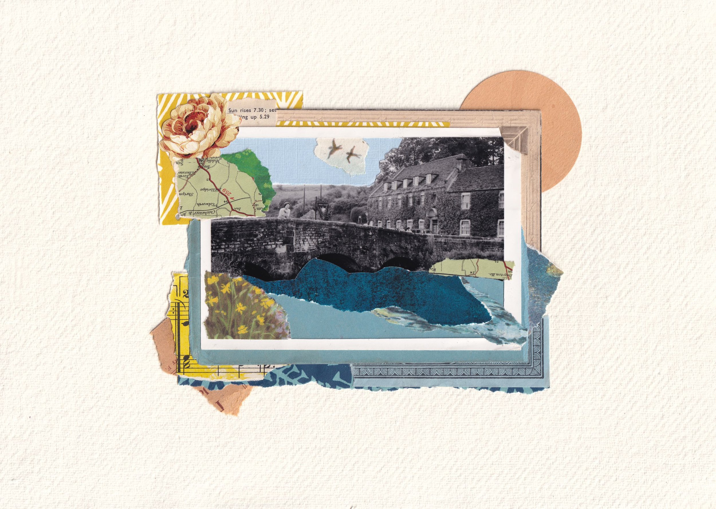 A wistful lover's thoughts captured in a vintage black and white photograph. A charming hand-made collage, on A4 deckle edged handmade paper, using vintage paper, postcards, lace and ephemera, with hand embroidery