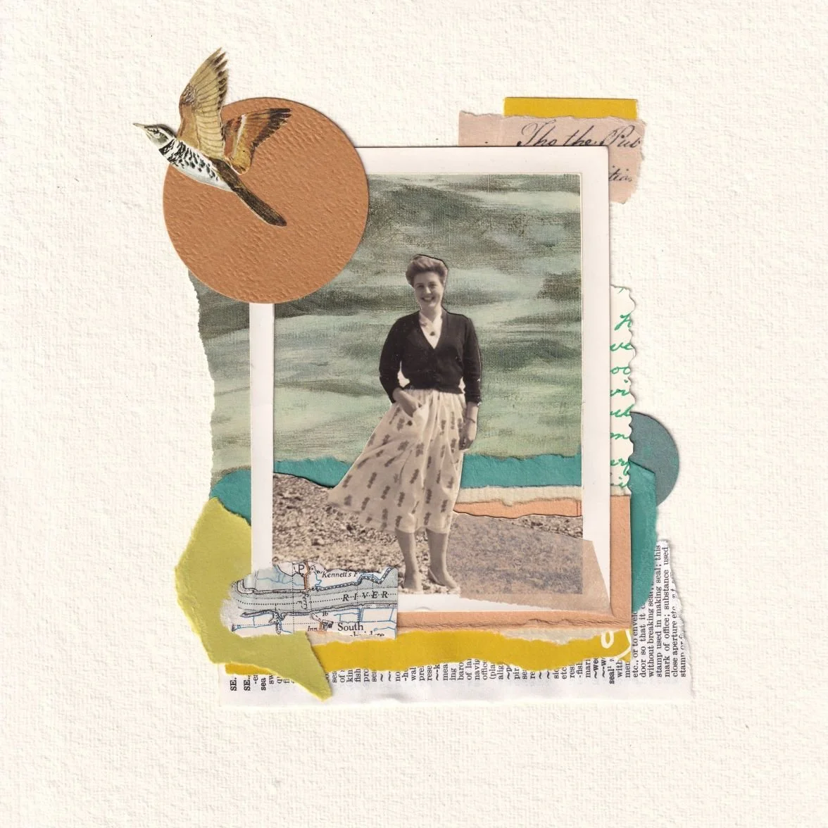 A romantic, falling in love moment in time captured in a vintage black and white photograph. A charming hand-made collage, on A4 deckle edged handmade paper, using vintage paper, postcards, lace and ephemera, with hand embroidery