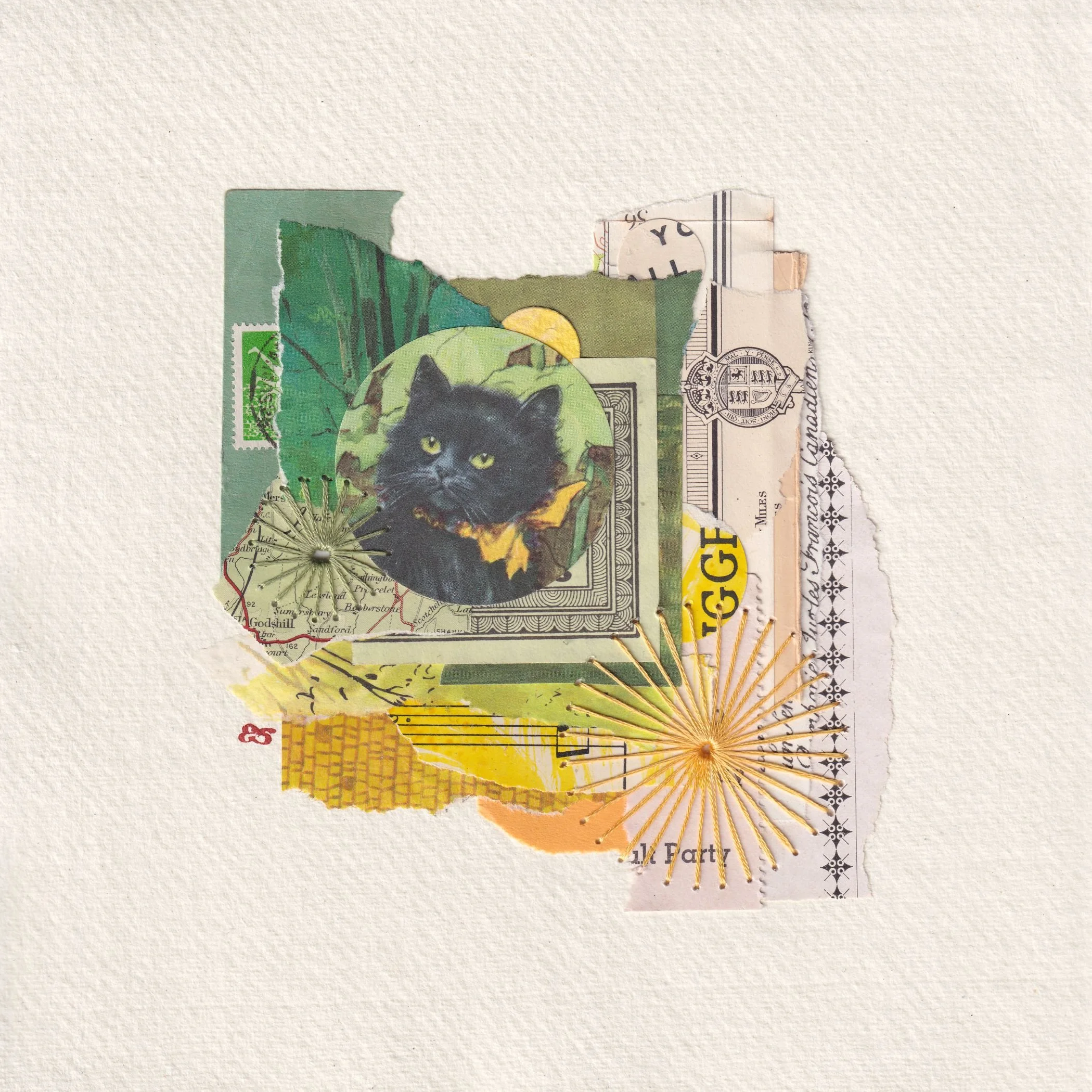 Vintage image of an adorable kitten in a yellow bow, on antique greens and yellows. Handmade using vintage paper, ephemera and embroidery