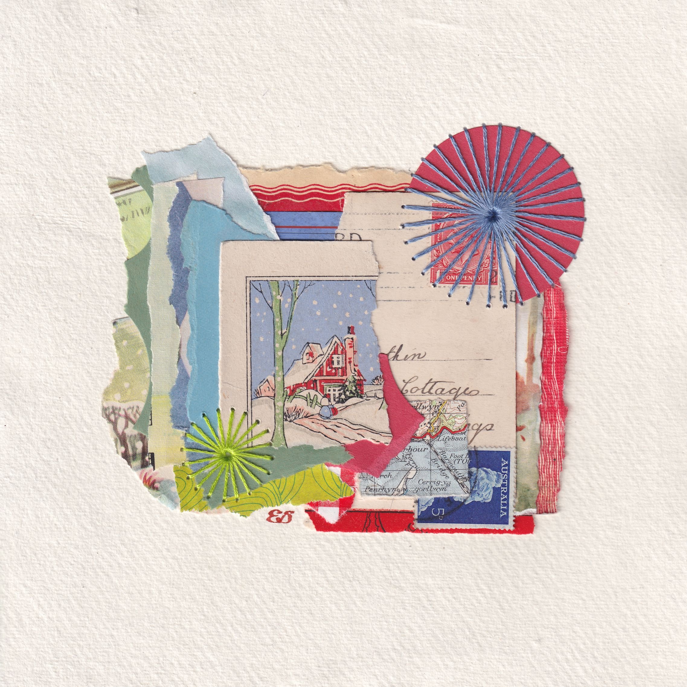 Christmas cottage, snow, blue, pink, red, vintage collage