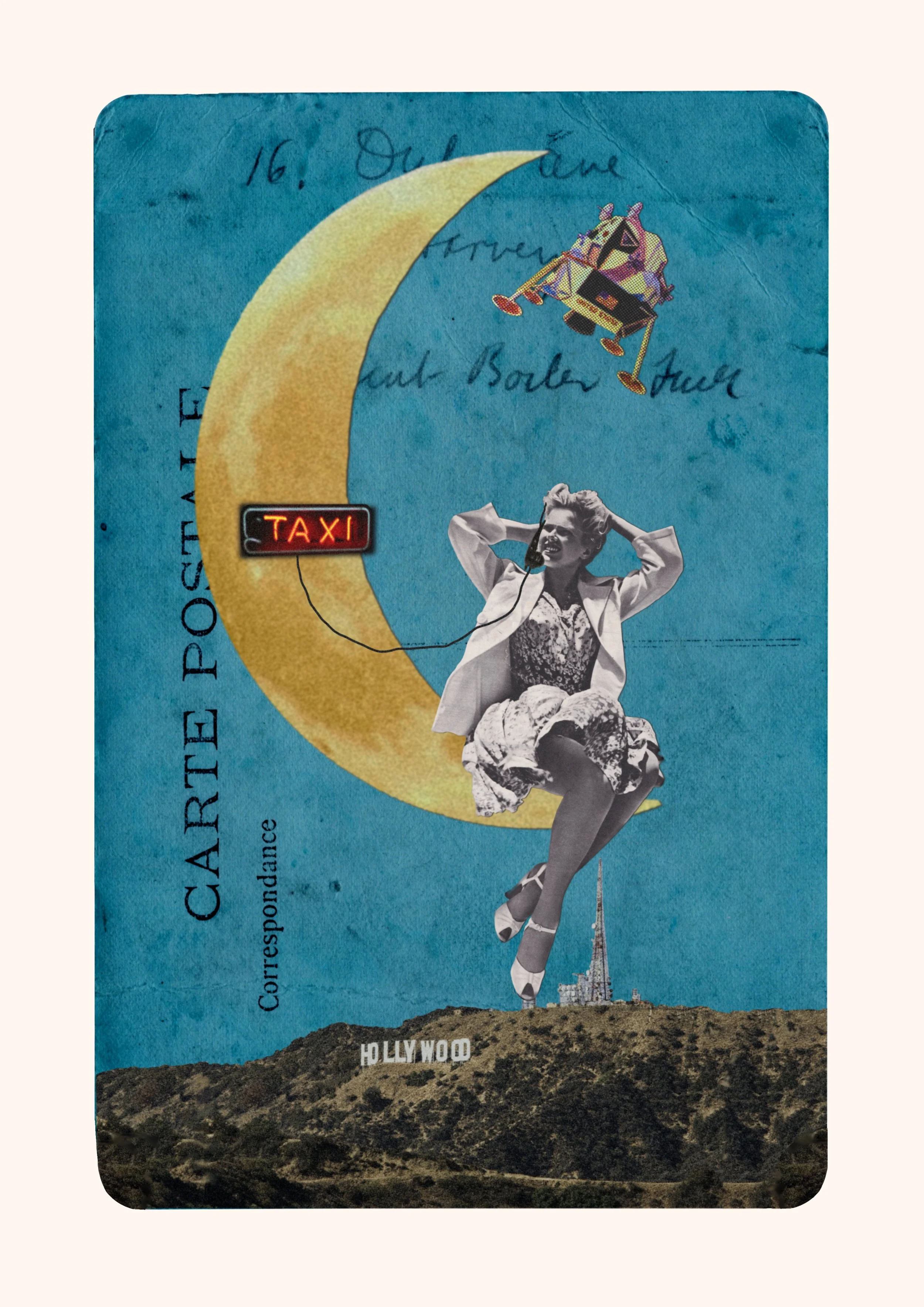 vintage collage girl on moon over Hollywood