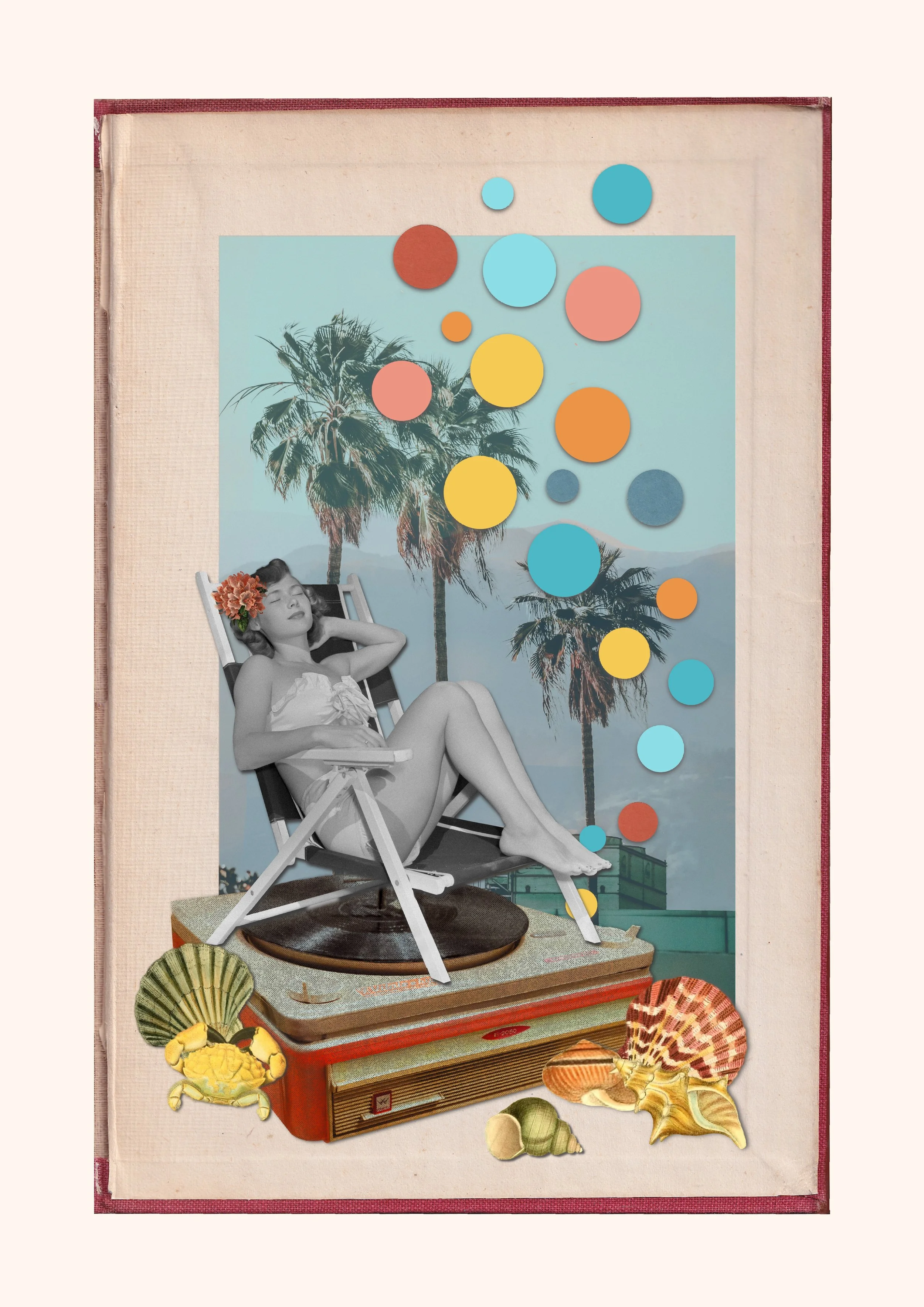 Vintage collage, summer vibes, california, record deck