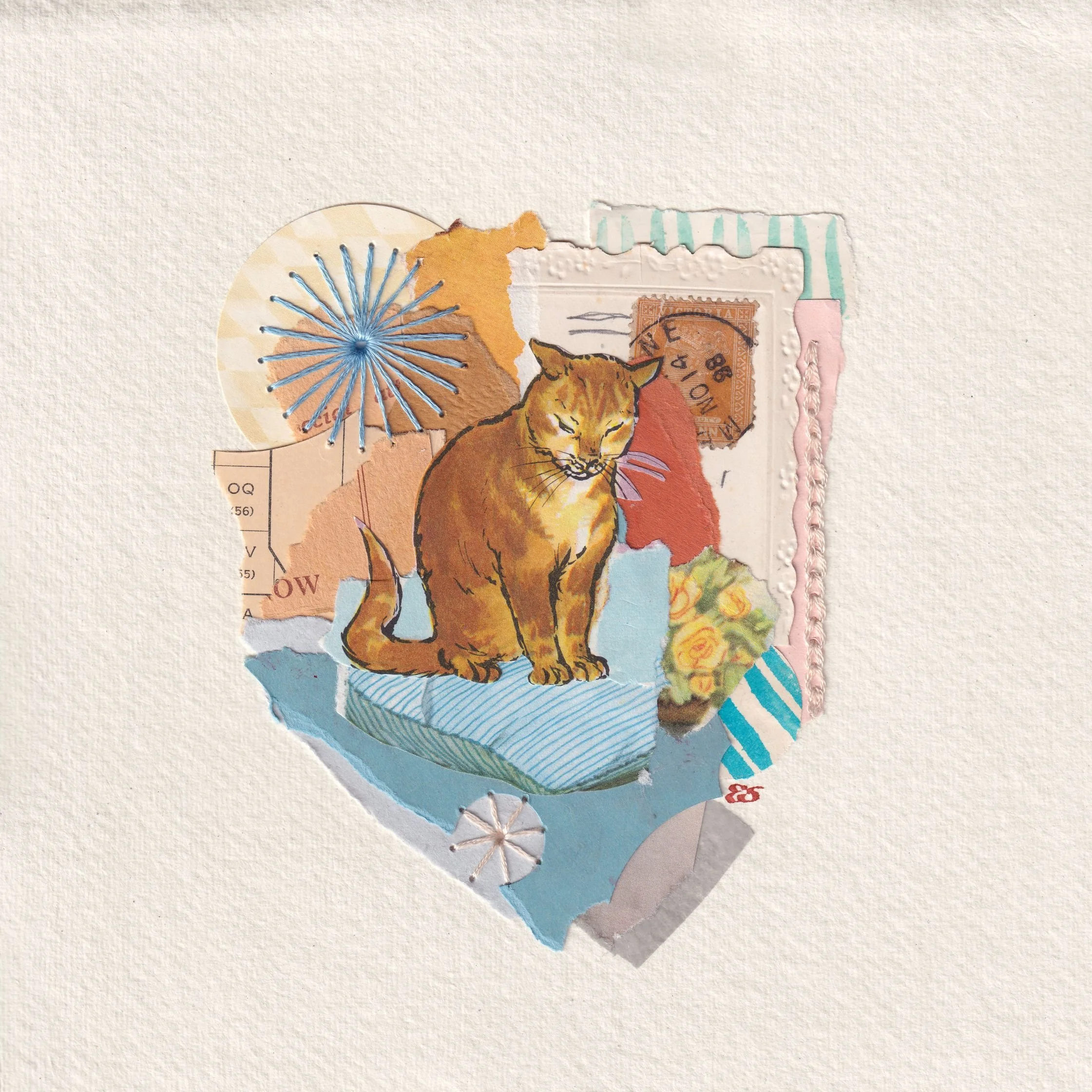 Vintage image of a handsome ginger cat on antique blues and soft ochres. Handmade using vintage paper, ephemera and embroidery
