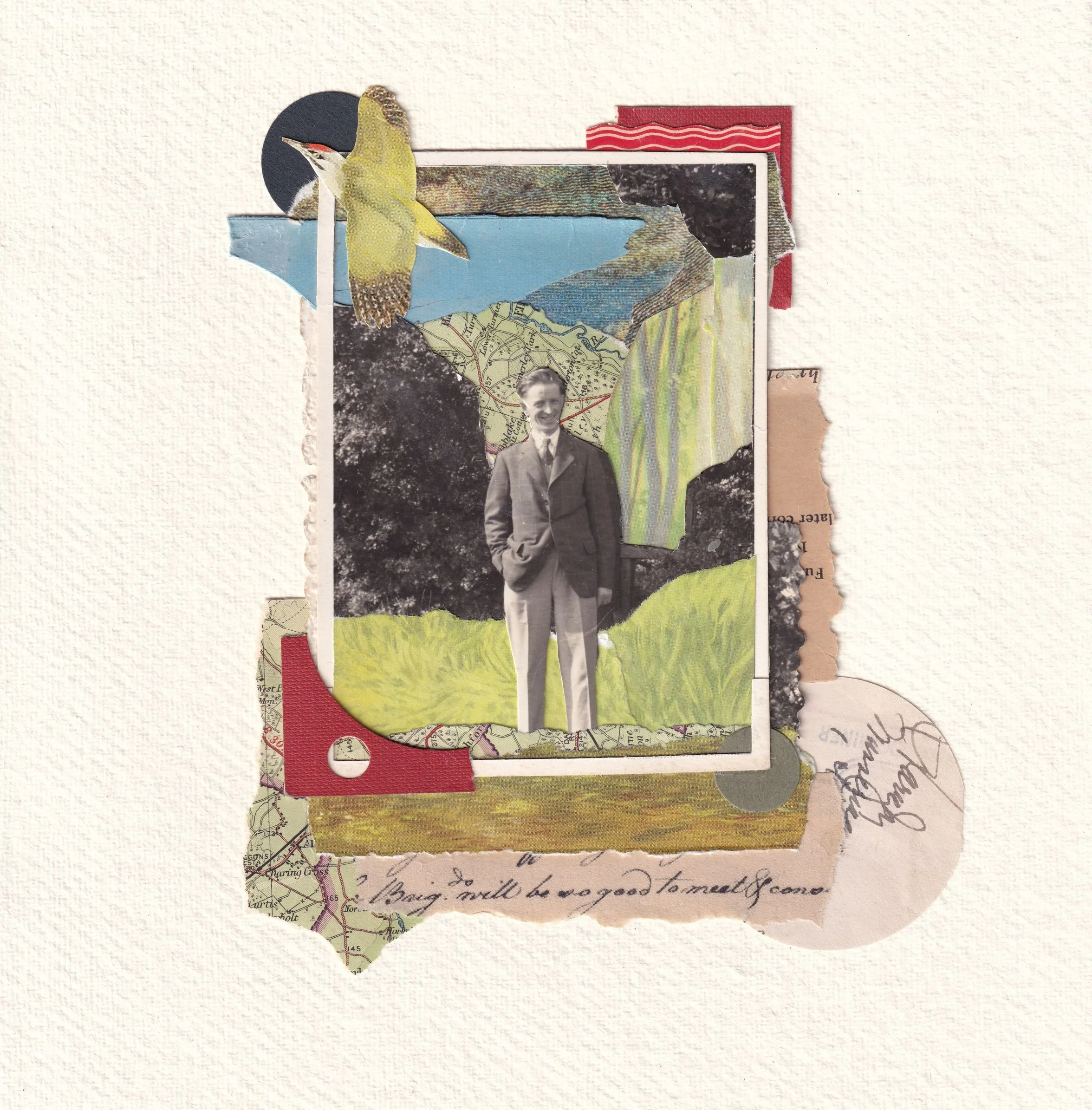 A romantic moment in time captured in a vintage black and white photograph. A charming hand-made collage, on A4 deckle edged handmade paper, using vintage paper, postcards, lace and ephemera, with hand embroidery