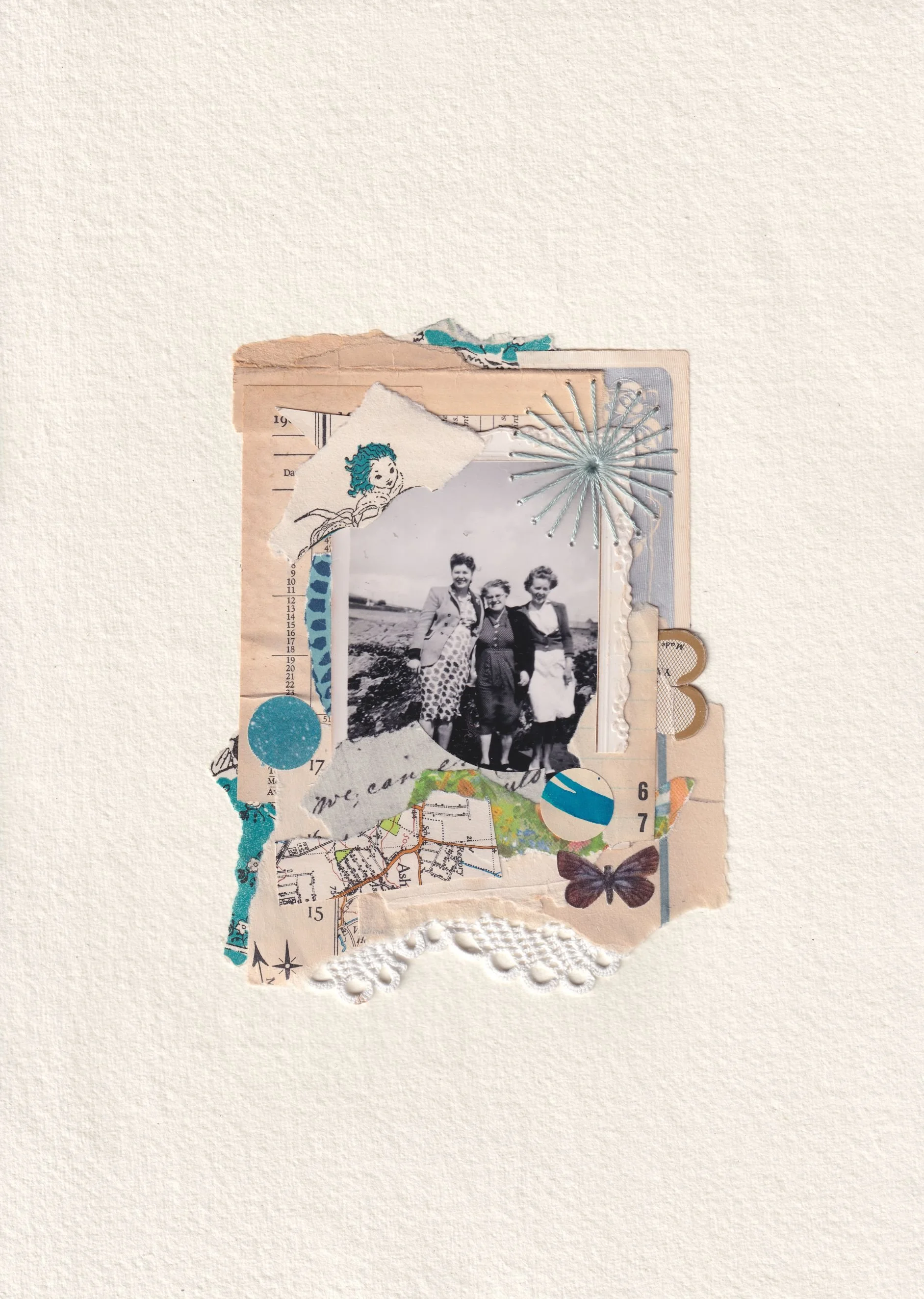 Art piece: three people in a heartfelt pose captured in a retro black & white photograph, applied to an A4 handmade paper with rough deckled edges