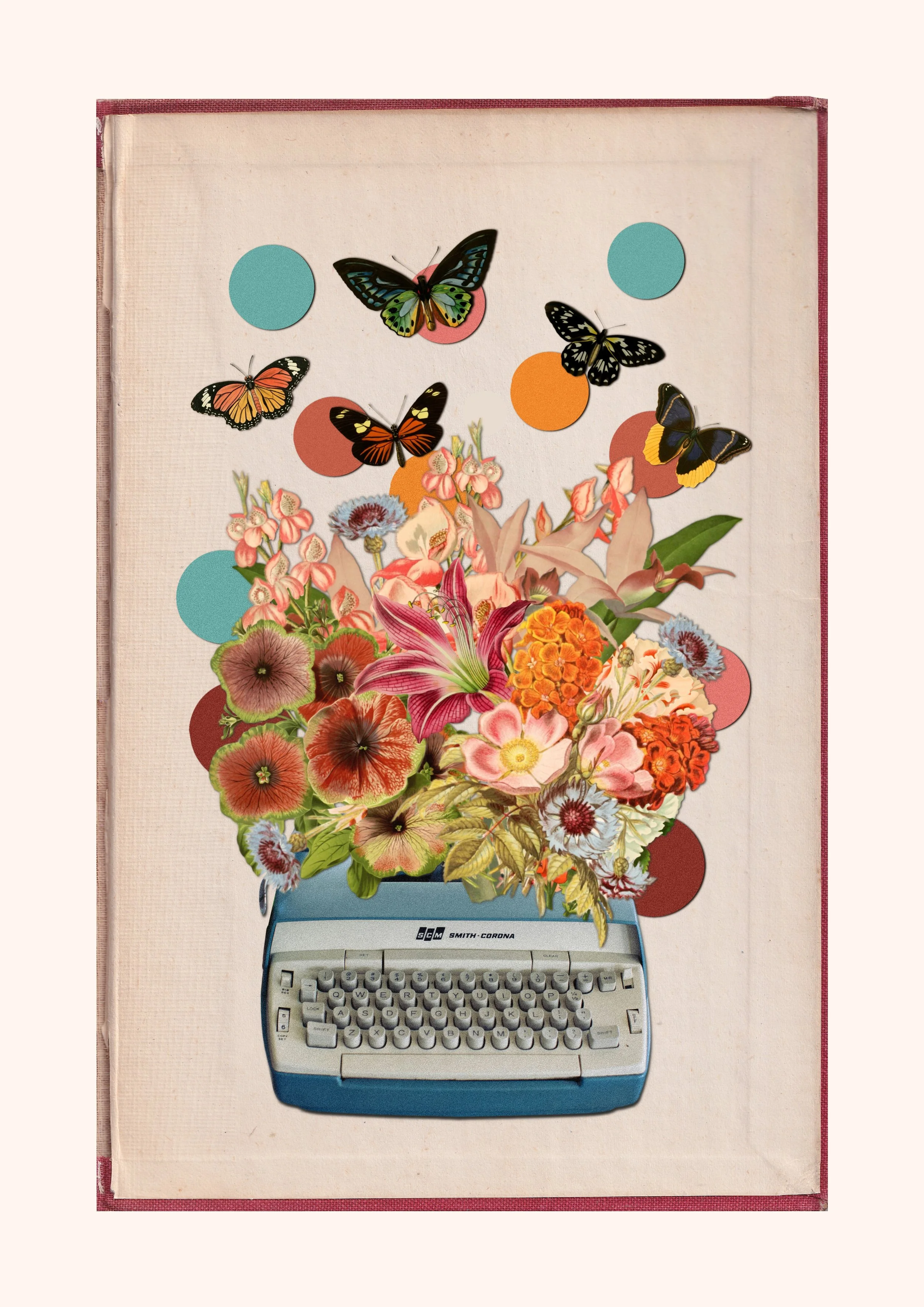 Vintage collage, typewriter, flowers, butterflies