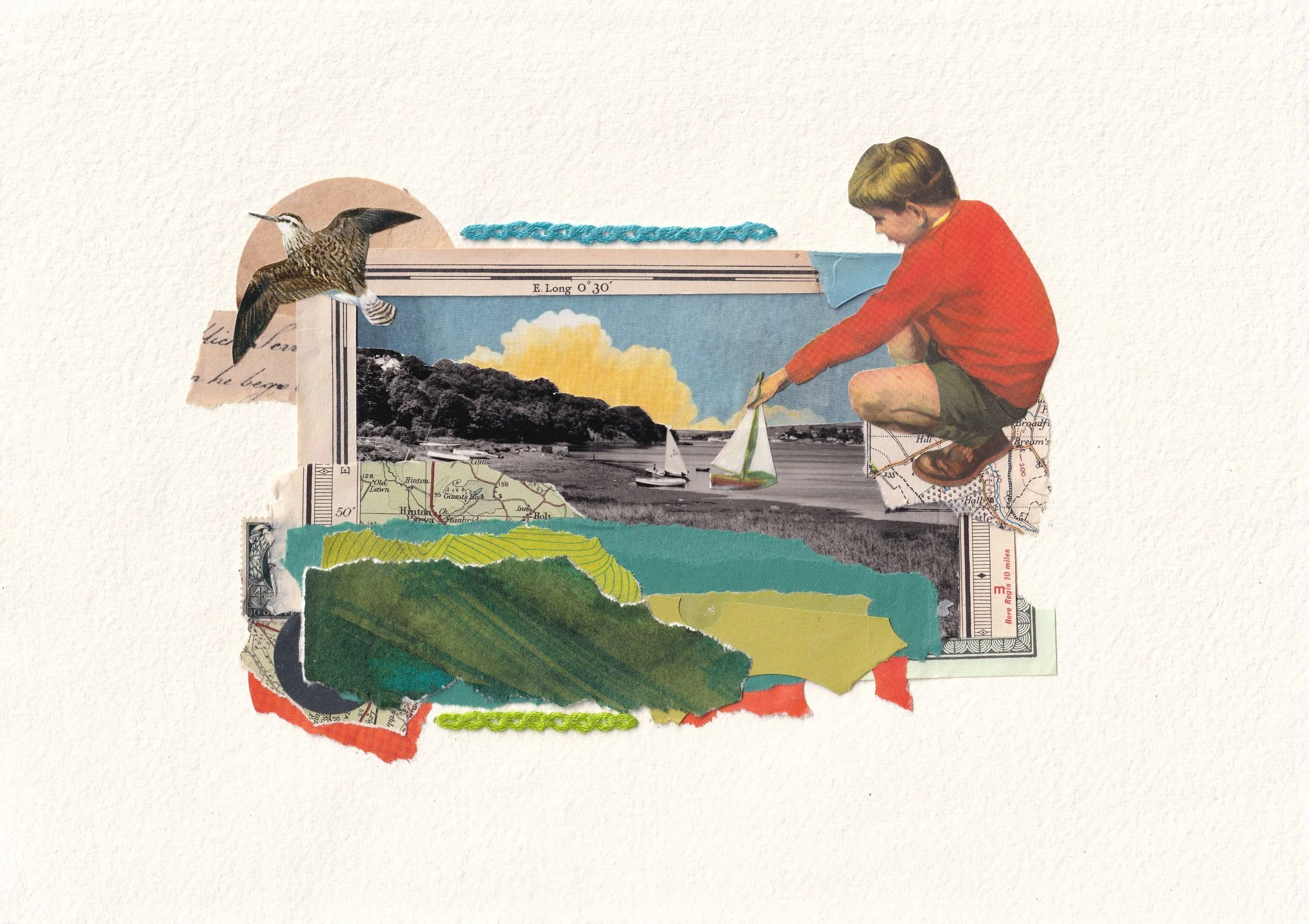 A happy childhoo memory captured in a vintage black and white photograph. A charming hand-made collage, on A4 deckle edged handmade paper, using vintage paper, postcards, lace and ephemera, with hand embroidery