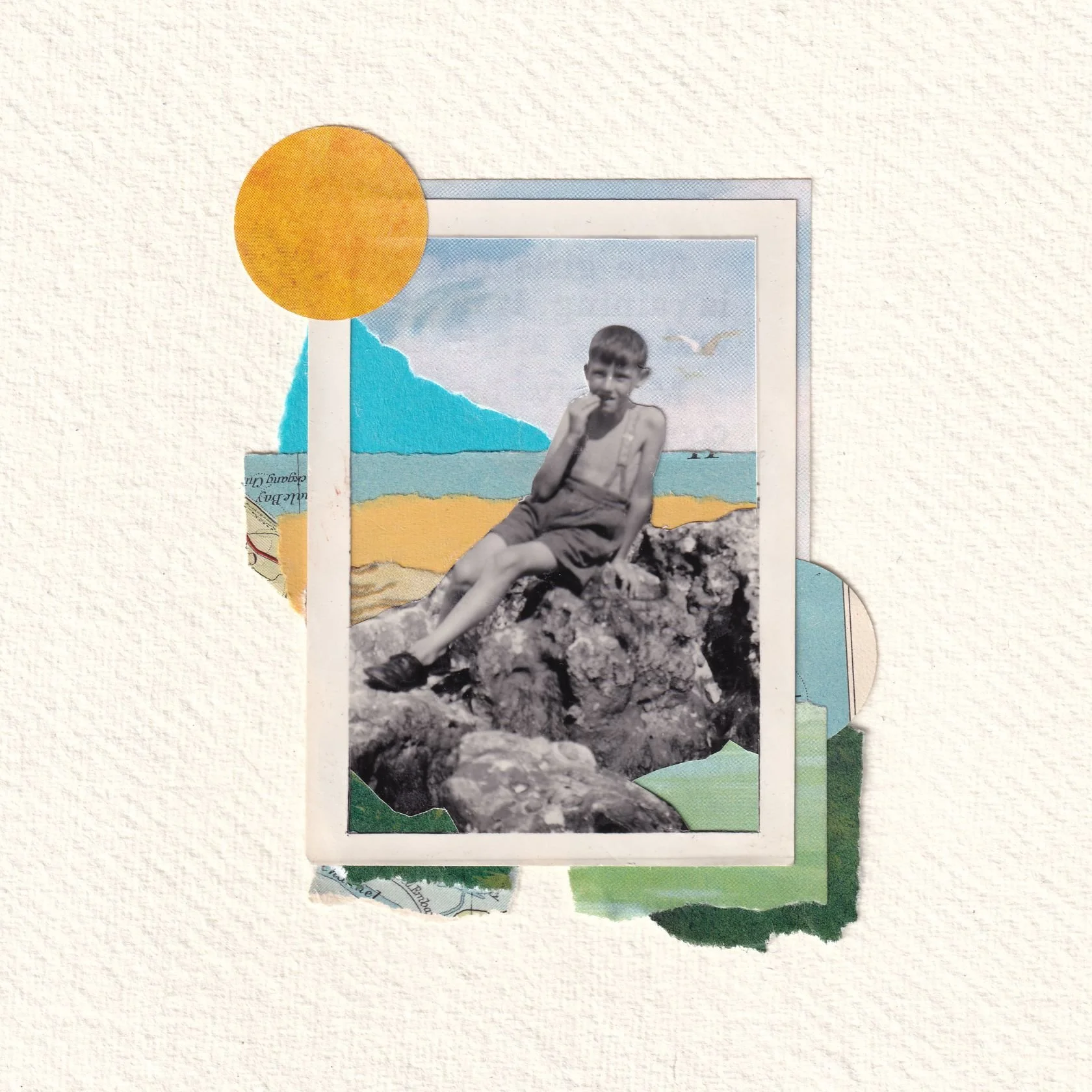 A happy seaside memory captured in a vintage black and white photograph. A charming hand-made collage, on A4 deckle edged handmade paper, using vintage paper, postcards, and ephemera,