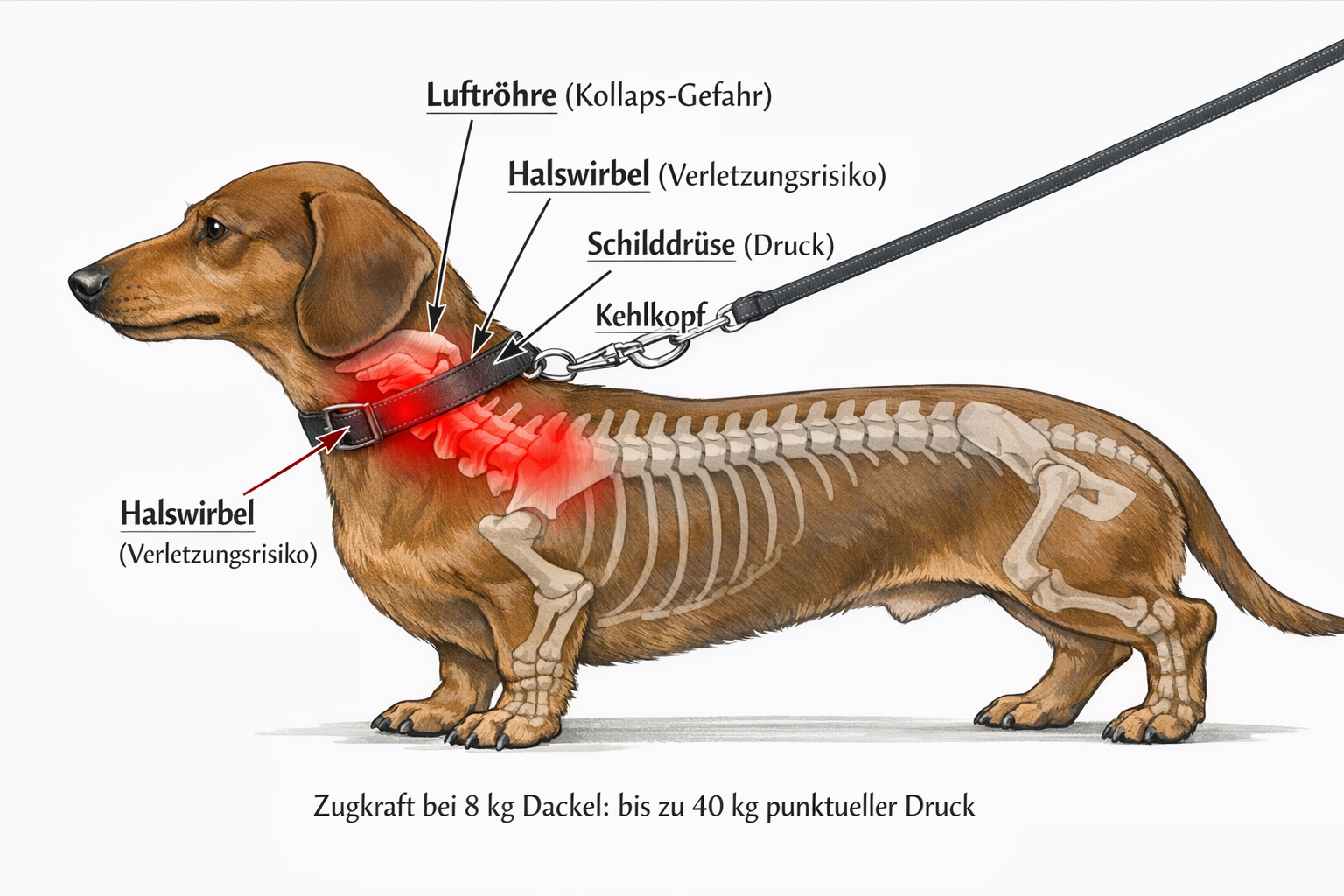 Dackel mit Halsband zeigt rote Druckpunkte an Luftröhre und Halswirbel bei Leinenzug