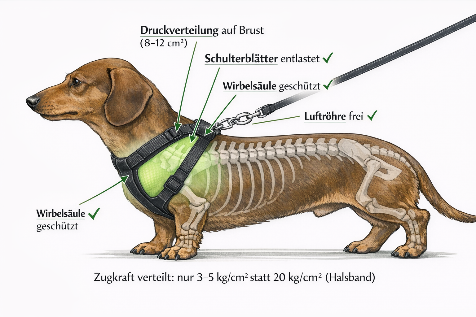 Dackel mit Y-Geschirr zeigt grüne Druckverteilung auf Brust und Schultern statt Hals