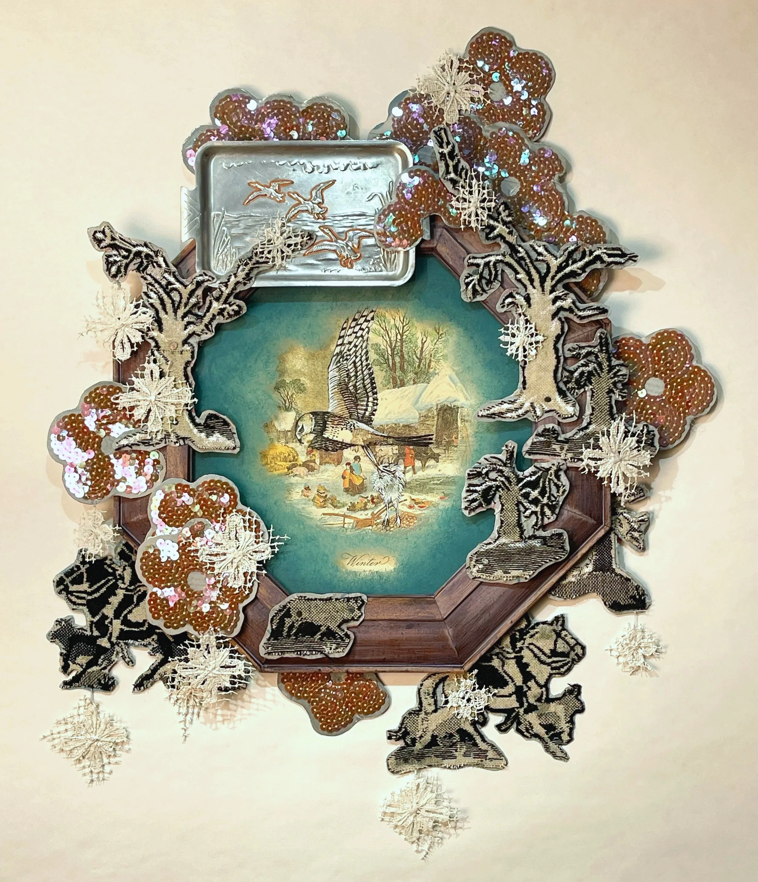 Northern Harrier's Harder Winter, 2023 
mixed media: ink and acrylic on framed vintage print with sequin and wool fabric, hand-crafted textiles, metal and acrylic,  24 1/2” x 20” x 1 1/2”