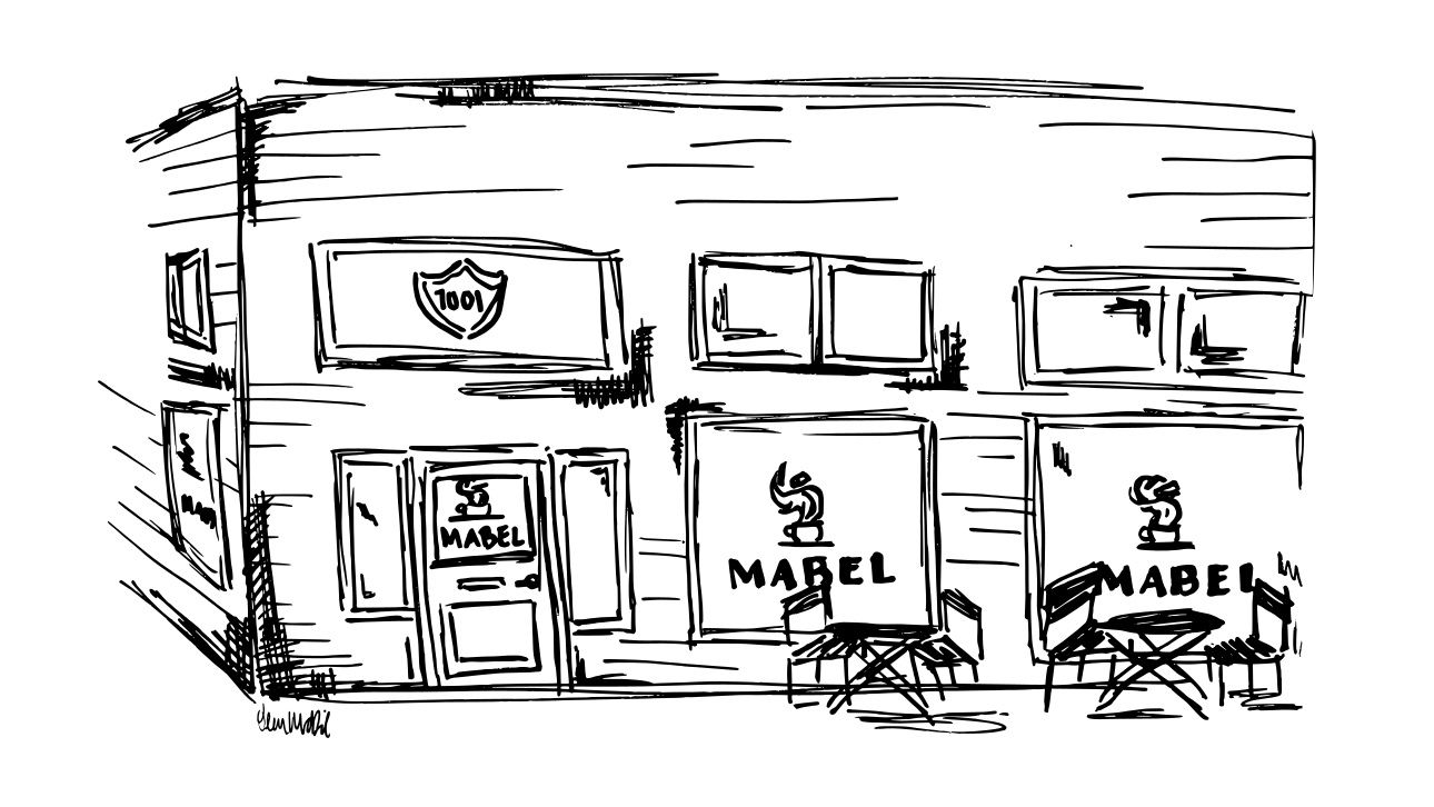 An illustrated drawing of the storefront of Mabel Coffee in Ballard, Seattle, showcasing big windows and cute outdoor seating.