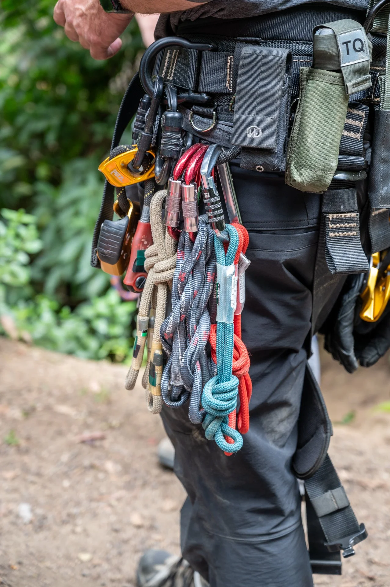 Close-up of a person's waist and thigh, showing a black harness with various climbing gear, including carabiners, belay devices, and colorful climbing ropes hanging from the belt.