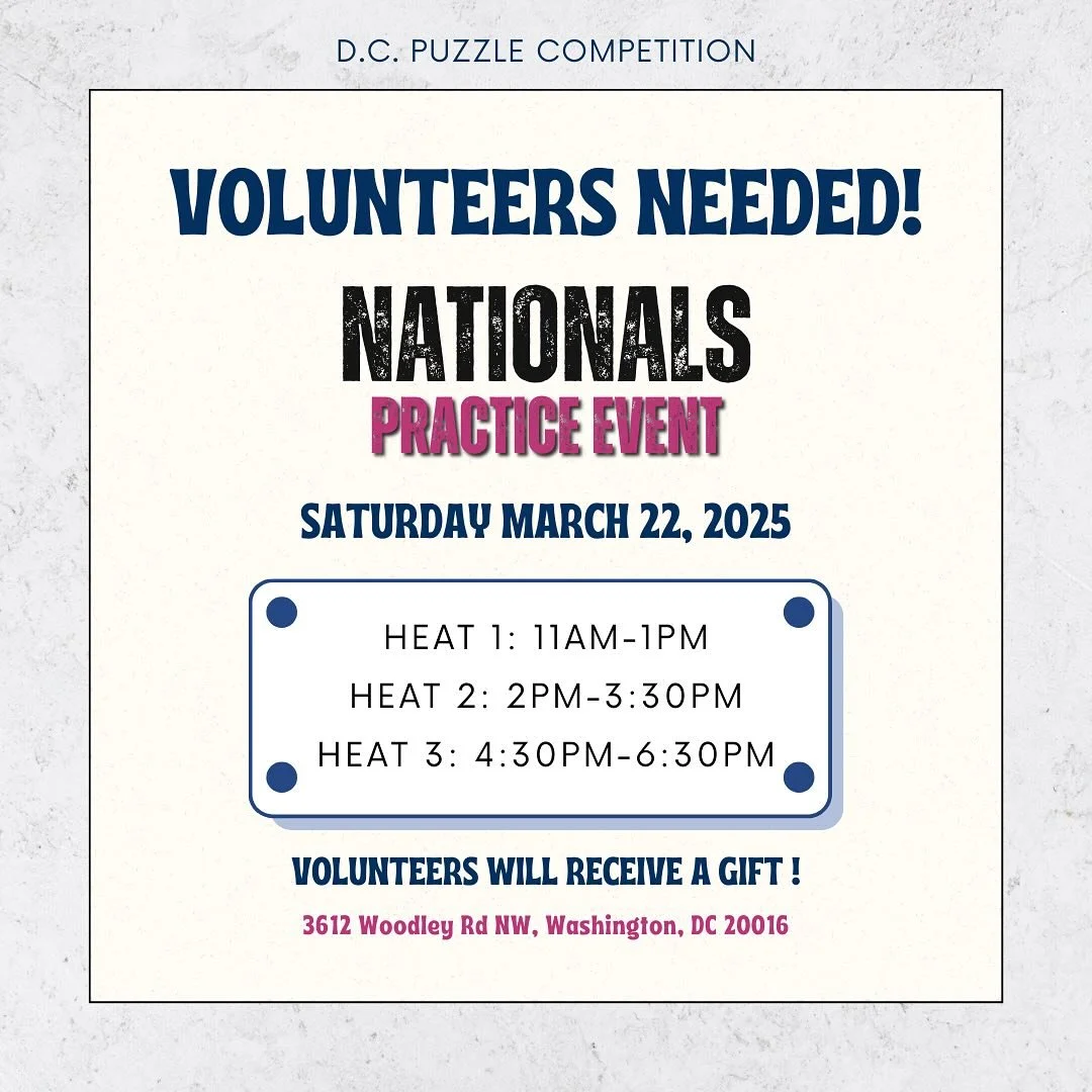 We are in need of volunteers for our next Nationals Practice Puzzle Competition! 

🗓️ When: Saturday March 22, 2025
🎁 What&rsquo;s in it for you: A thank-you gift &amp; the chance to see the competition up close!

If you&rsquo;re interested, grab a