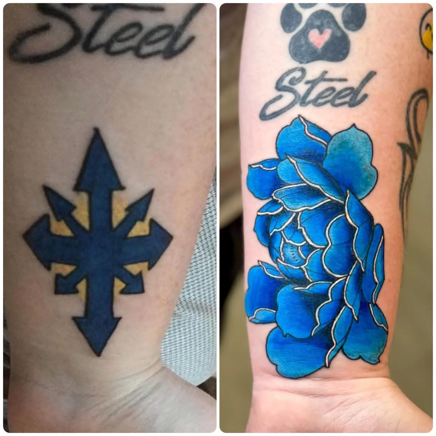 Two tattoos on forearms. The left tattoo is a black arrow with a cross at the top and a pointed tip at the bottom. The right tattoo is a blue flower with detailed petals, accompanied by the words "Steel" and a small paw print with a heart inside it a