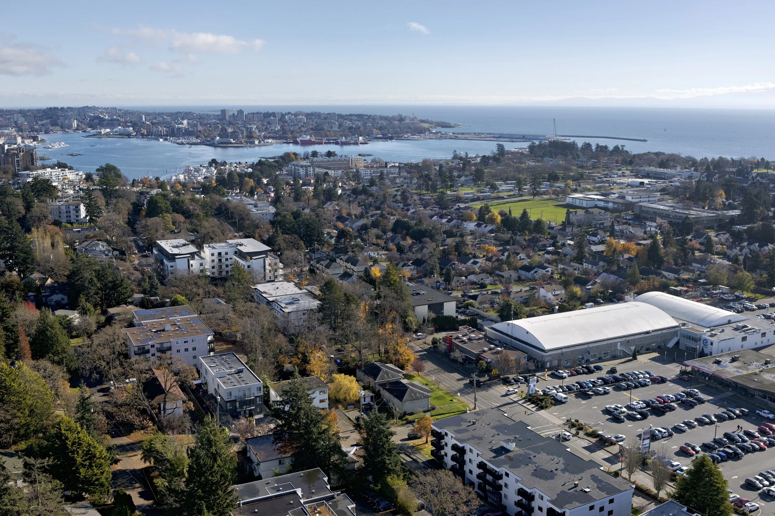 Aerial photo of Esquimalt BC, showing the city and the bay