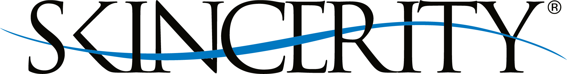The logo of a brand called Skincerity, with the word 'SKINCERITY' in black letters with a blue swoosh running through it.