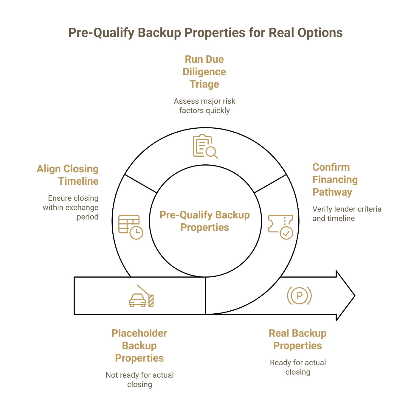 Diagram showing how to pre-qualify backup properties for 1031 exchanges using three-step process.
