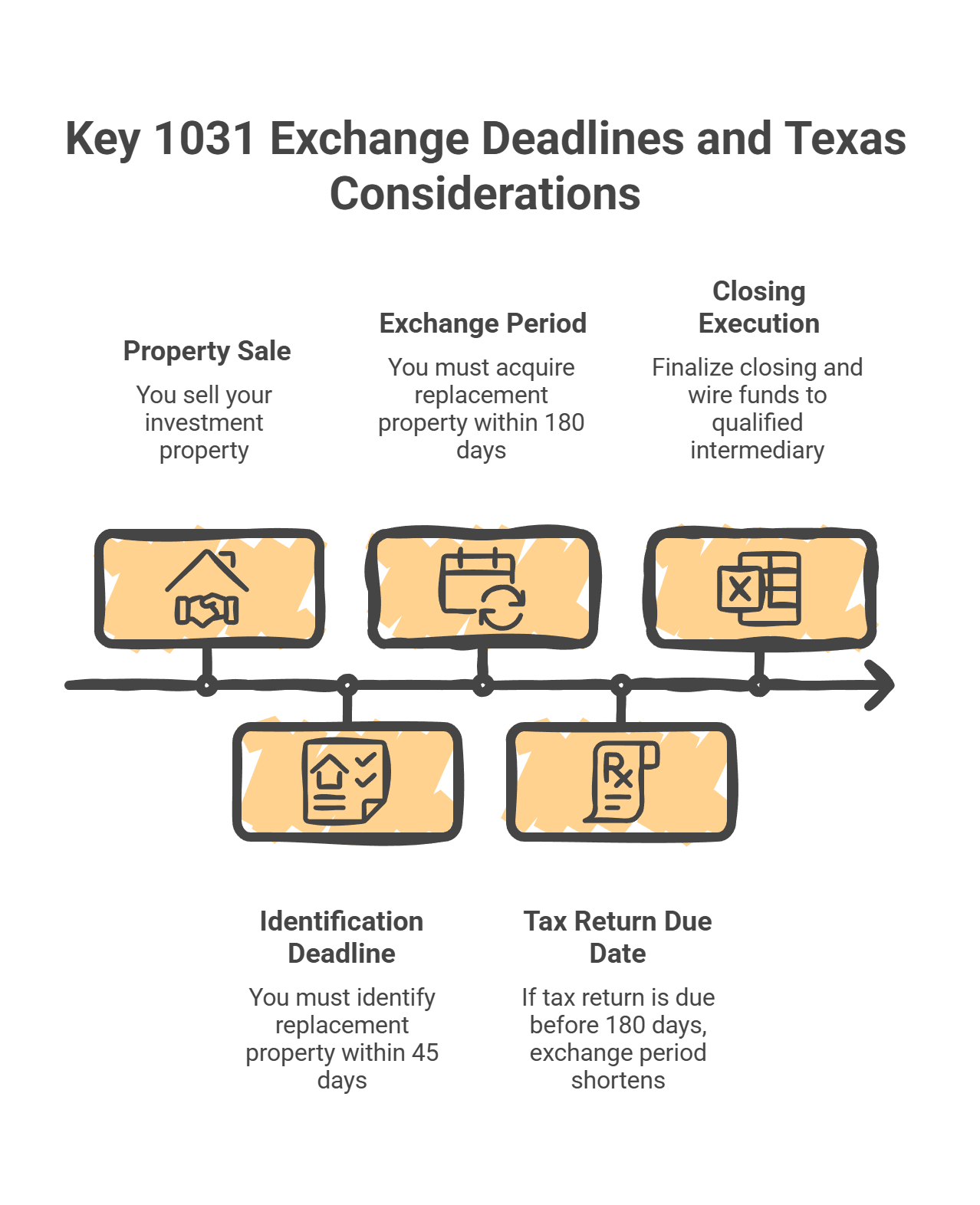 1031 exchange timeline showing five key deadlines: property sale, 45-day identification deadline, 180-day exchange period, closing execution, and tax return due date.