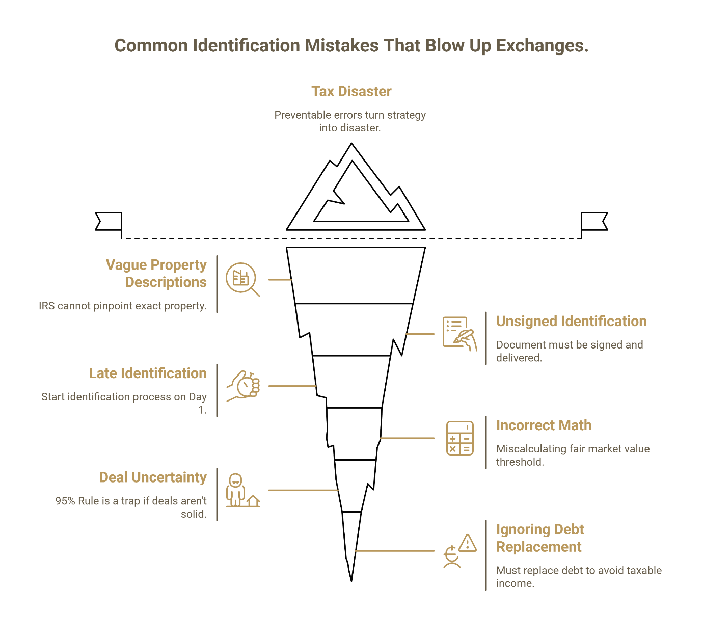 Common 1031 exchange identification mistakes shown in iceberg diagram.